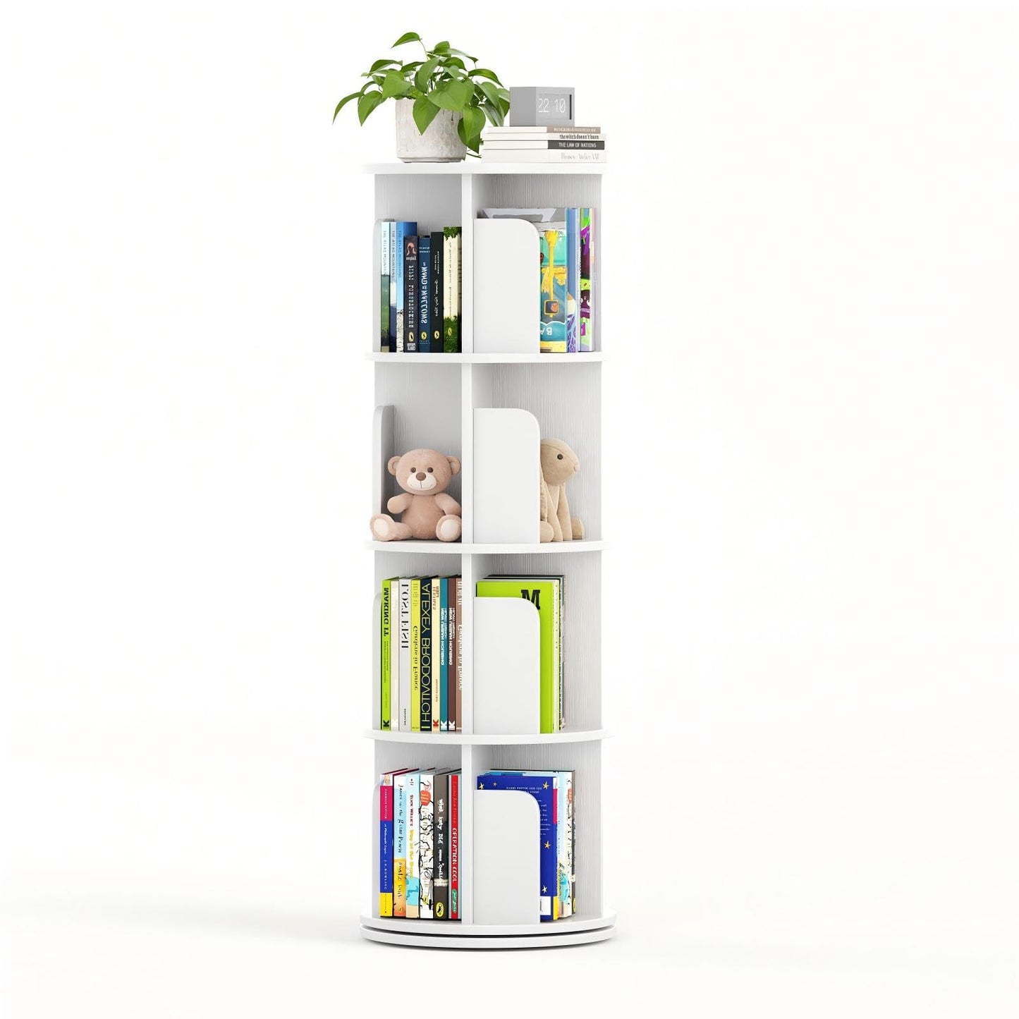 WEMANER 4-tier Rotating Kids Bookshelf, Wooden 360° Small Corner Revolving Spinning Bookcase