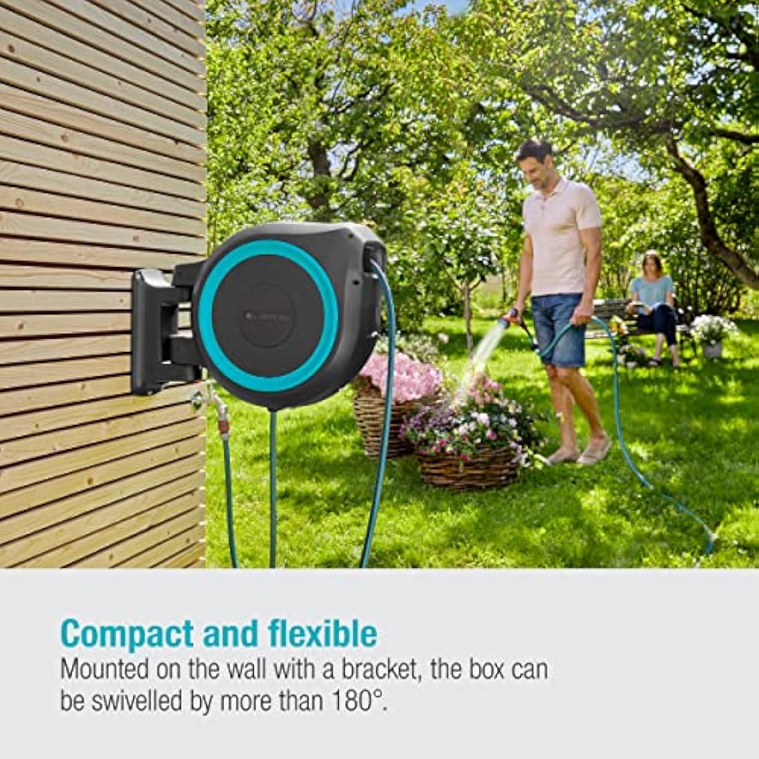 Gardena Wall-Mounted Hose Box Rollup XL (Turquoise) 35 m: Versatile Watering System for Large Gardens, Swivel Hose Box, Including 35 m Gardena Hose and mounting kit (18630-20)