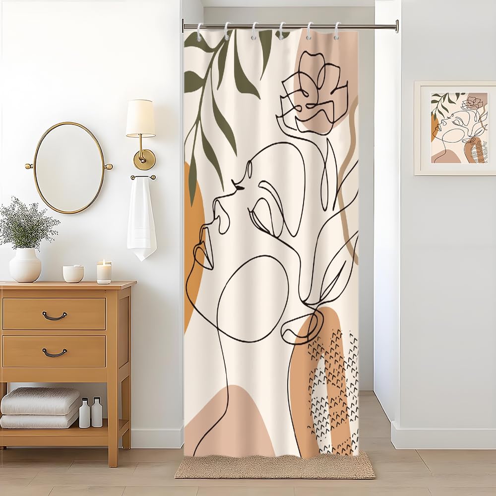 Uiiooazy Abstract Stall Shower Curtain, Boho Women Mid Century Green Leaves Modern Minimalist Bath Curtain Anti Mildew Waterproof Polyester Fabric