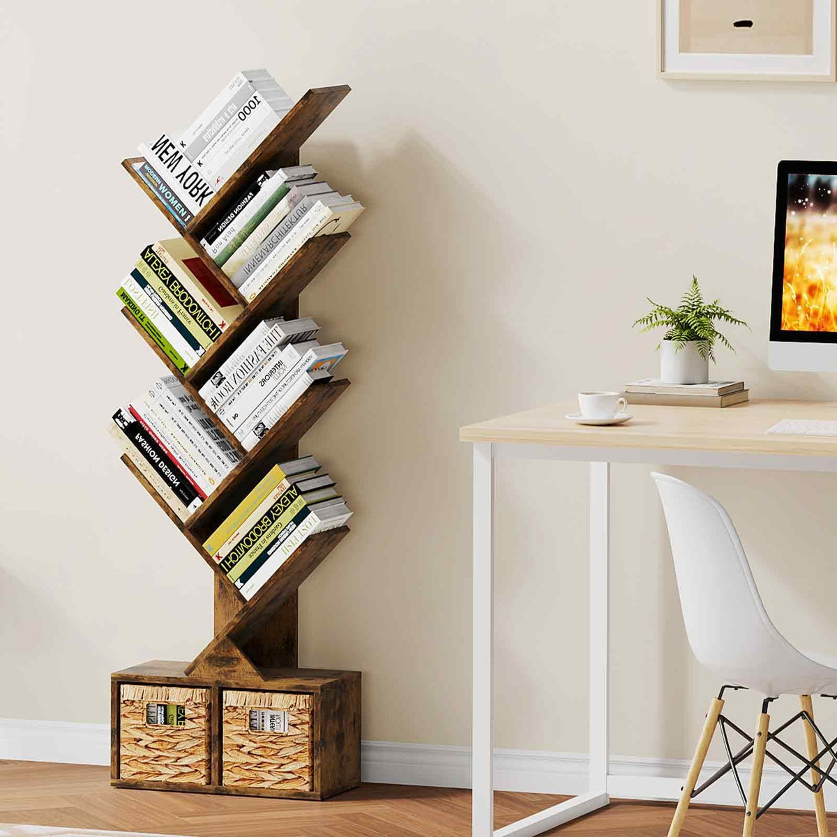 Vagusicc 6 Tier Tree Bookshelf with 2 Storage Baskets, Tall Display Shelf Organizer for Books, Magazines, Home Decor