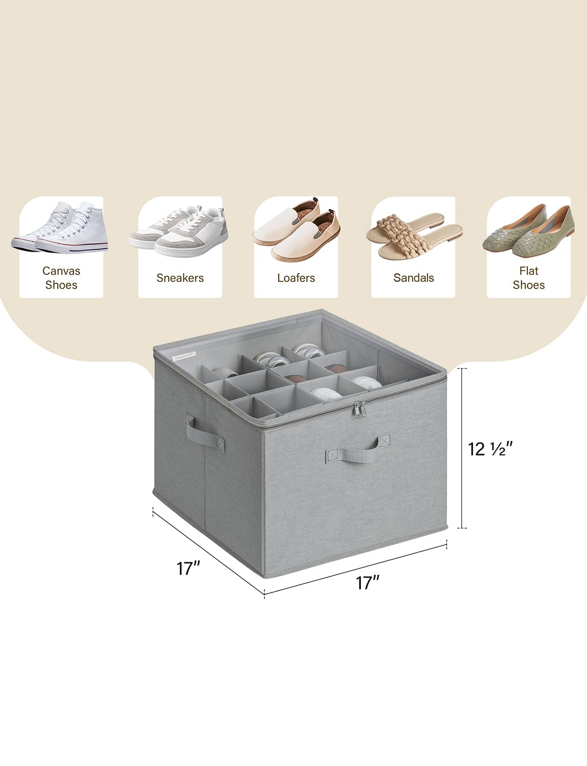 StorageWorks Shoe Organizer for Closet, Fabric Shoe Storage Bins with Clear Cover, Adjustable Dividers for Shoe Storage, Grey, Shoe Cube Organizer