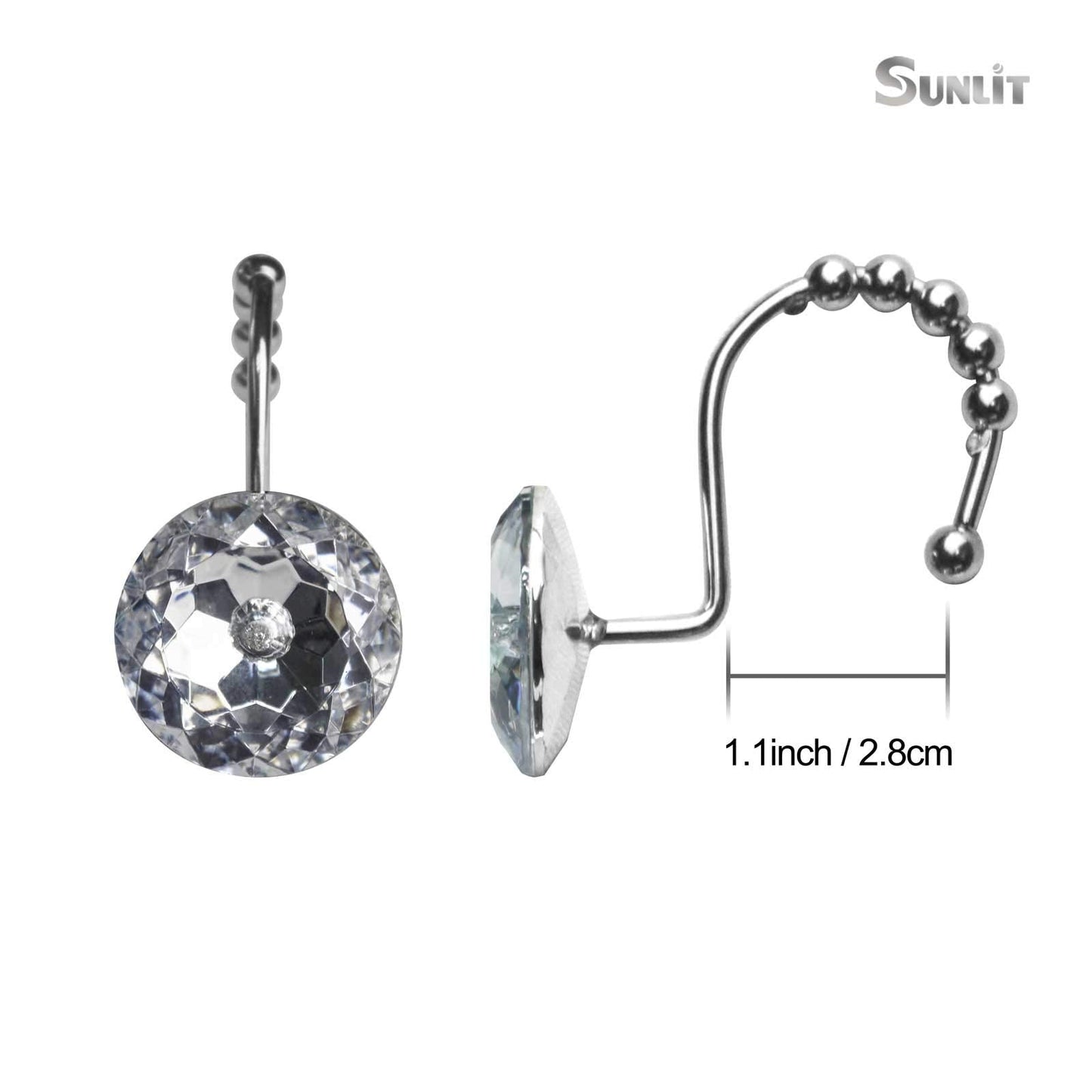 Sunlit Luxury Design Round Clear Diamond Crystal Gem Bling with Glide Balls Shower Curtain Hooks