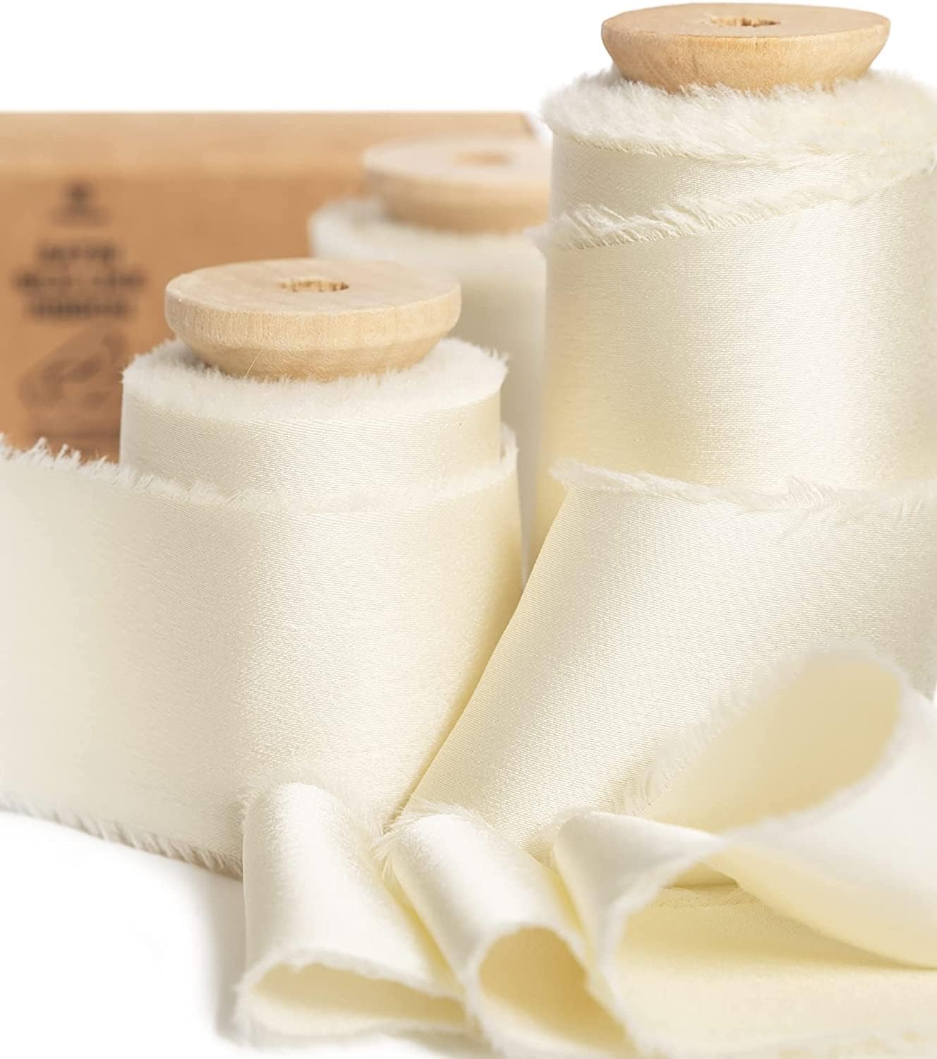 Vitalizart Cream White Silky Satin Ribbon, 1.5'' x 15 Yard with Wooden Spool, Handmade Fringe Ivory Ribbons for Gift Wrapping, Festive Decoration, DIY