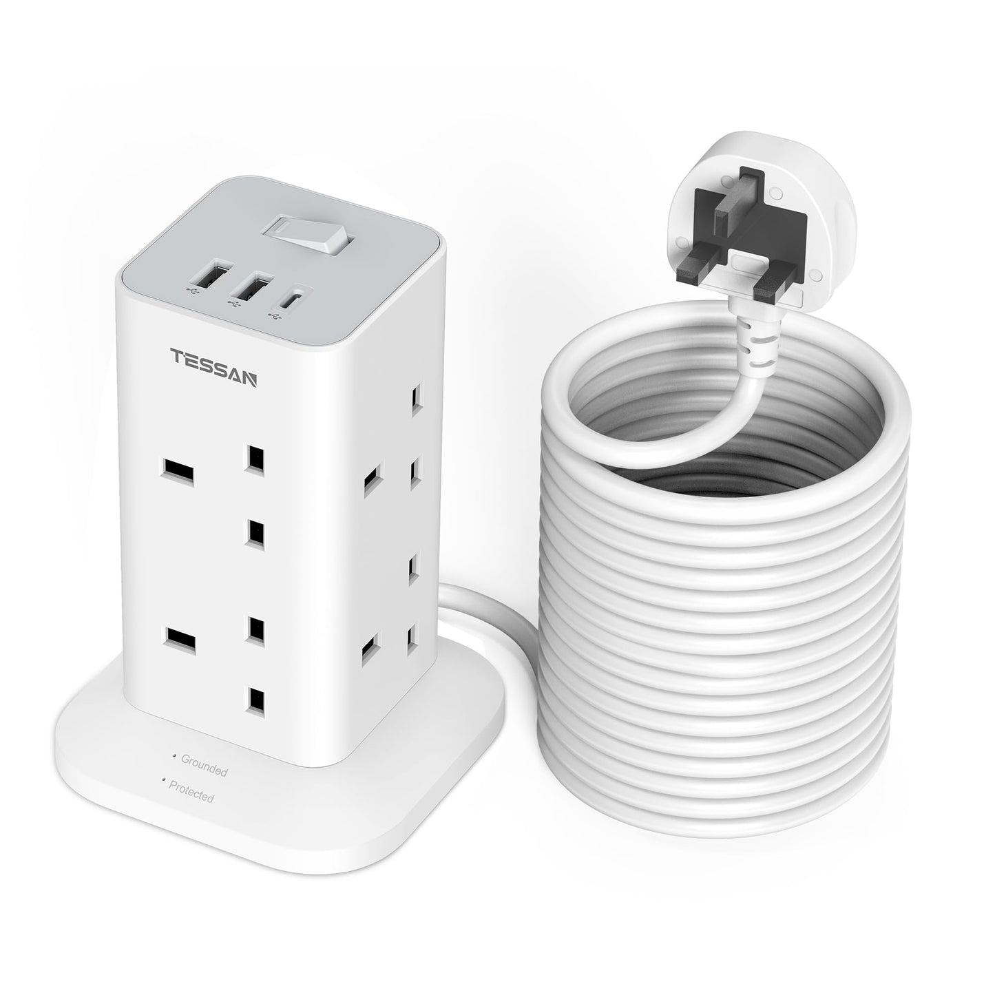Tower Extension Lead 10M with USB C Slots, TESSAN 8 Way Multi Plug Extension Socket, Surge Protected Power Strip with Switch, Long Cable for Home,