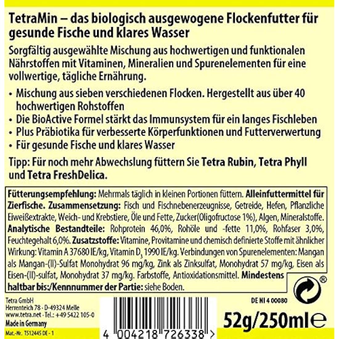 TetraMin Flakes - fish food in flake form for larger ornamental fish, balanced mixture for healthy fish and clear water, 250ml Can