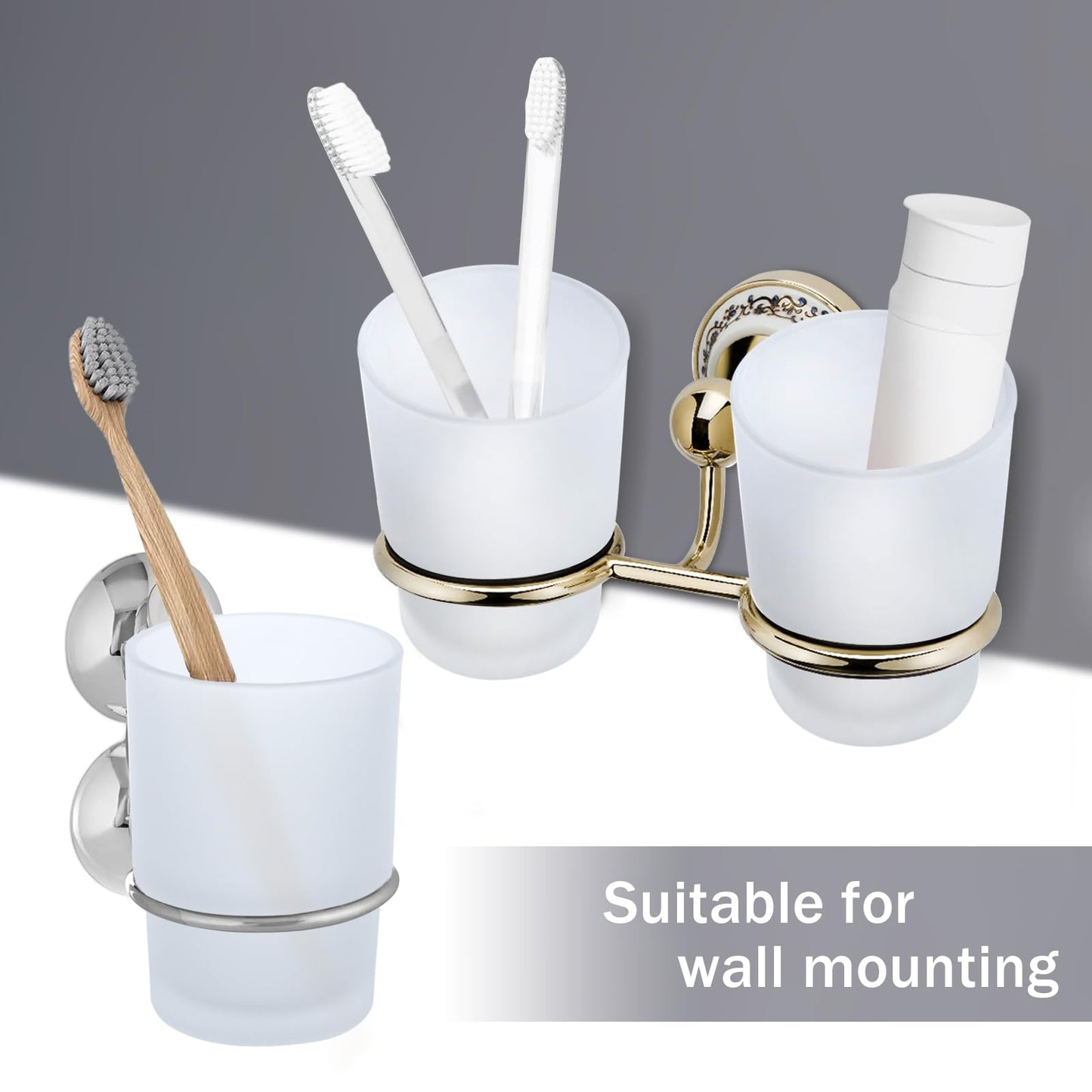 Glass Toothbrush Holders for Bathroom, 2 Pcs Replacement for Wall Mounted Toothbrush Holder | 225ml, Thick Frosted Glass Tumbler for Toothpaste