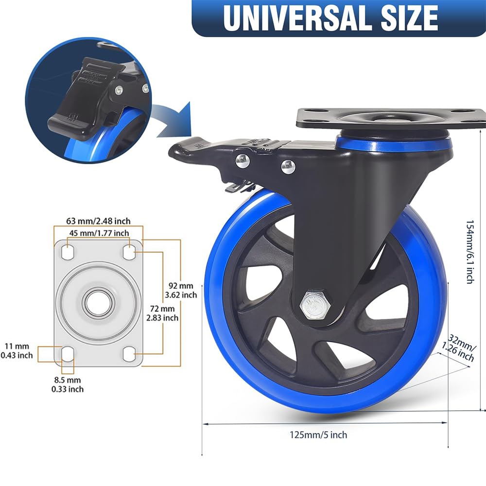 5 Inch Caster Wheels, Casters Set of 4, Heavy Duty Casters with Brake