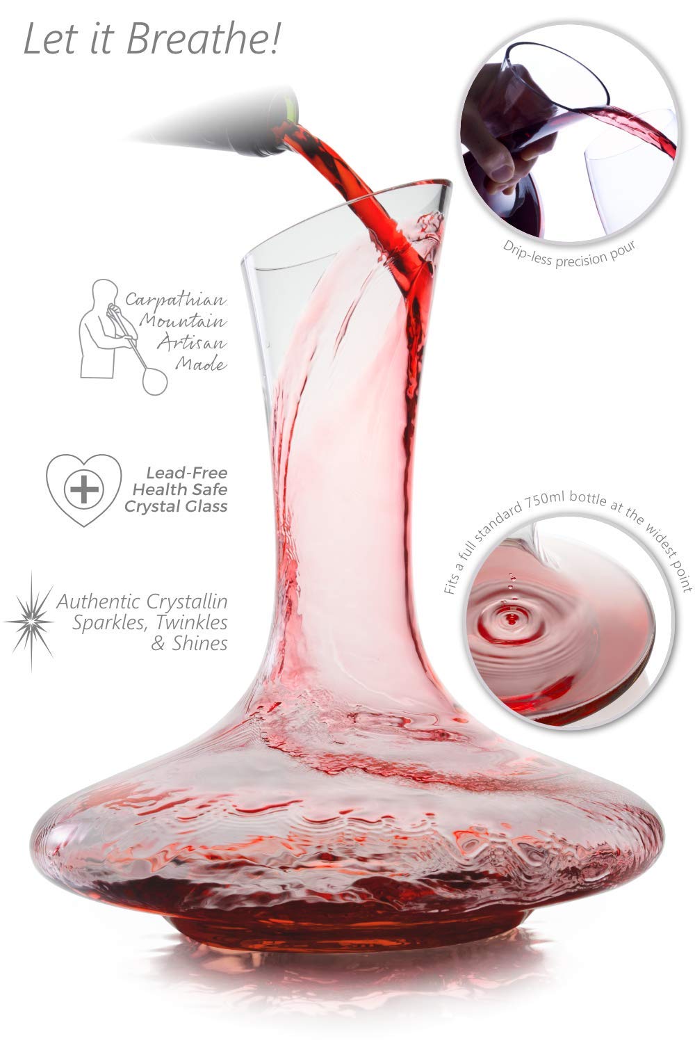 Crystallin Wine Decanter & Accessories (Cleaning Beads, Cork Stopper, Mat & Coasters)  100% Handmade in Europe, Lead-Free Crystal Glass Wine Carafe