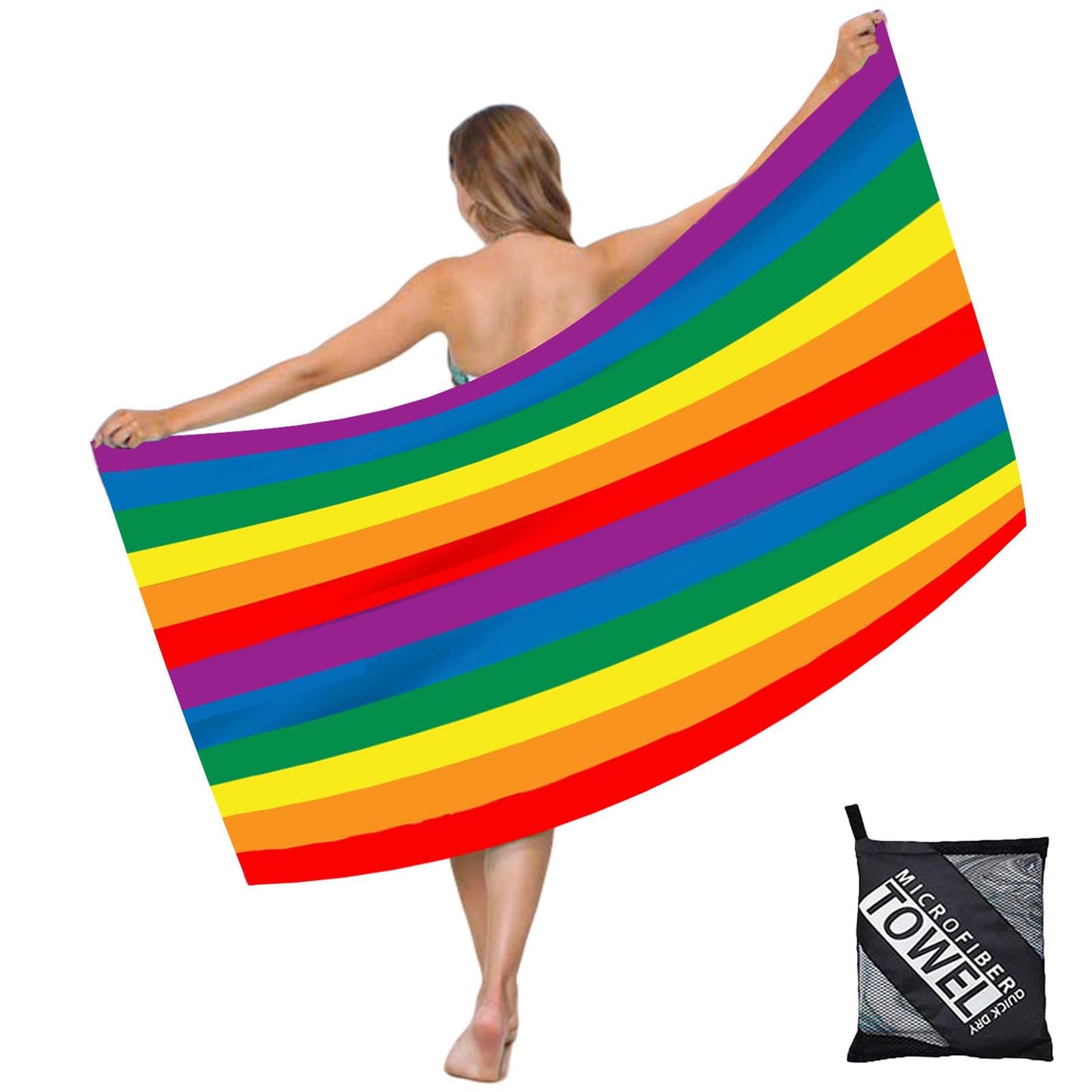 Large Thin Microfibre Beach Towel with Bag for Adult Men Women,160x90cm Rainbow Beach Towels Quick Dry Sand Free Lightweight Swim Bath Towel for