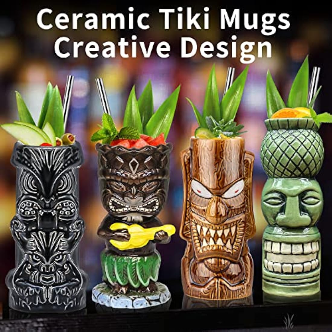 Tiki Mugs Glasses Mug for Cocktails Set of 4 Large Ceramic Tropical Cups Hawaiian Party Creative Cocktail Glass Drinks Bar Drinkware Premium Tropical Exotic Cute Barware 4 Packs