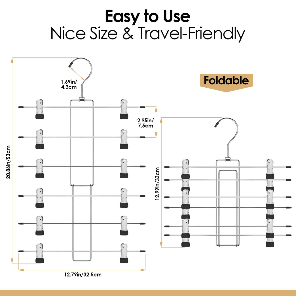 Trouser Hangers Space Saving - 2 Pack Skirt Hangers with Adjustable Non-Slip Clips