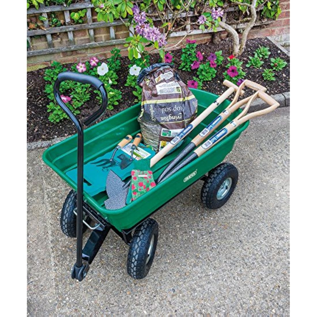Draper 22x96x51cm Garden Tipper Cart - Heavy Duty Gardening Trolley with Handle For Home and Professional Use, Green