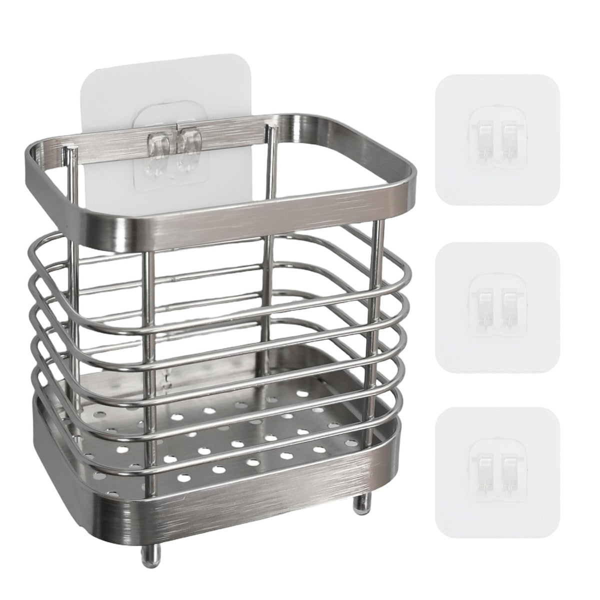 Wall-Mounted Toothbrush Holder for Bathroom - Stainless Steel with Drain Holes & Adhesive Hooks | Space-Saving Bathroom Toothbrush Holders, Silver