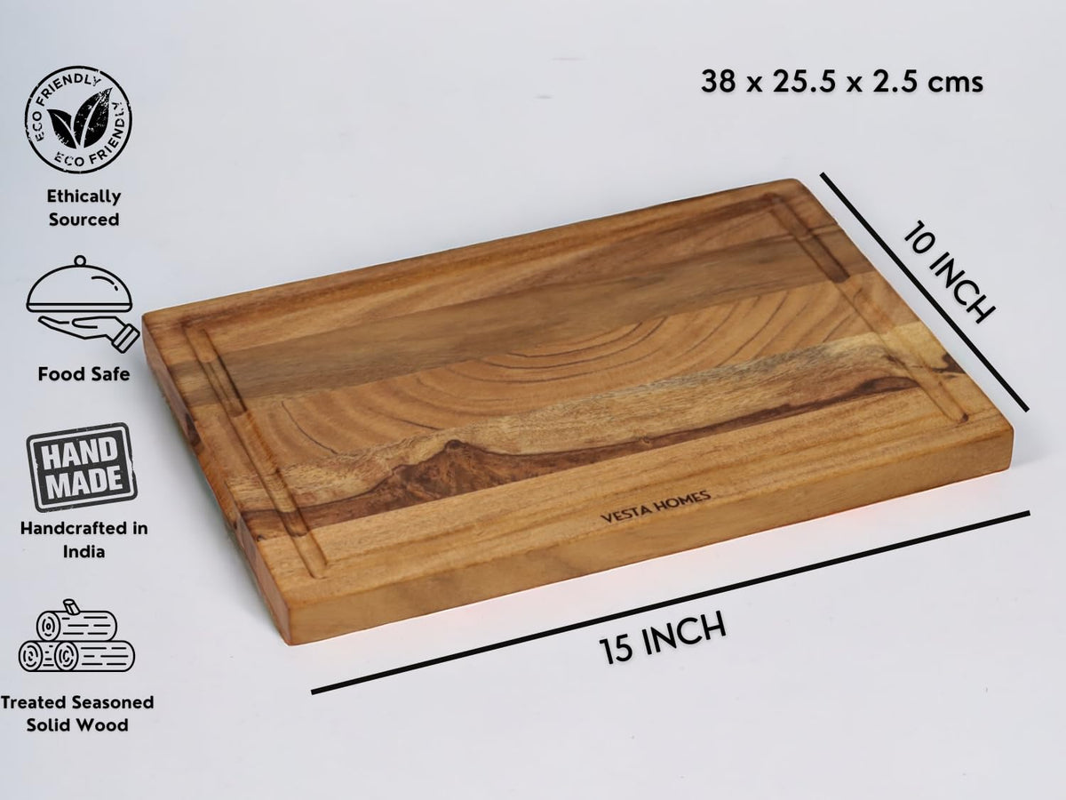 Vesta Homes Wooden Chopping Board/Cutting Board/Serving Board, Block for Vegetables, Fruits & Cheese | Juice Grooves | Natural Sheesham Wood | 38 x