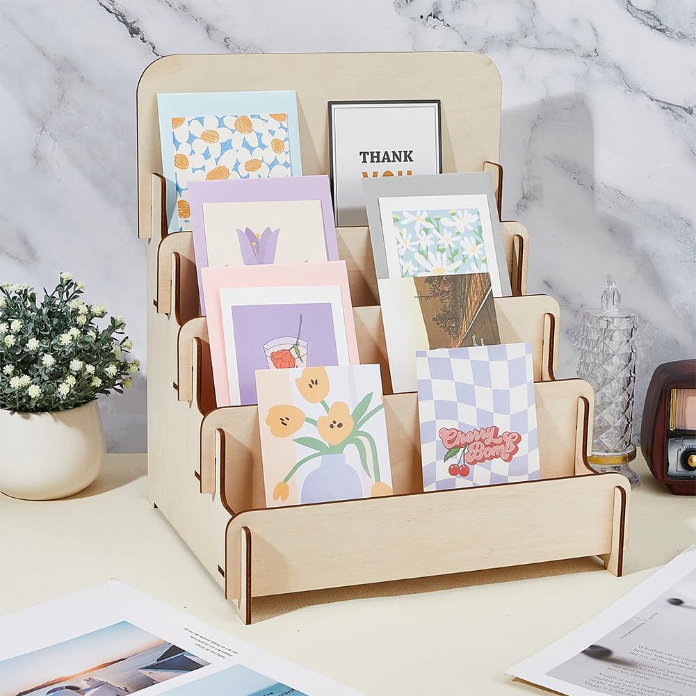 SUPERFINDINGS 4-Tier Wooden Greeting Card Display Stand Sticker Display Stand Vendors Postcard Organizer Retail Display Racks Multipurpose Brochure