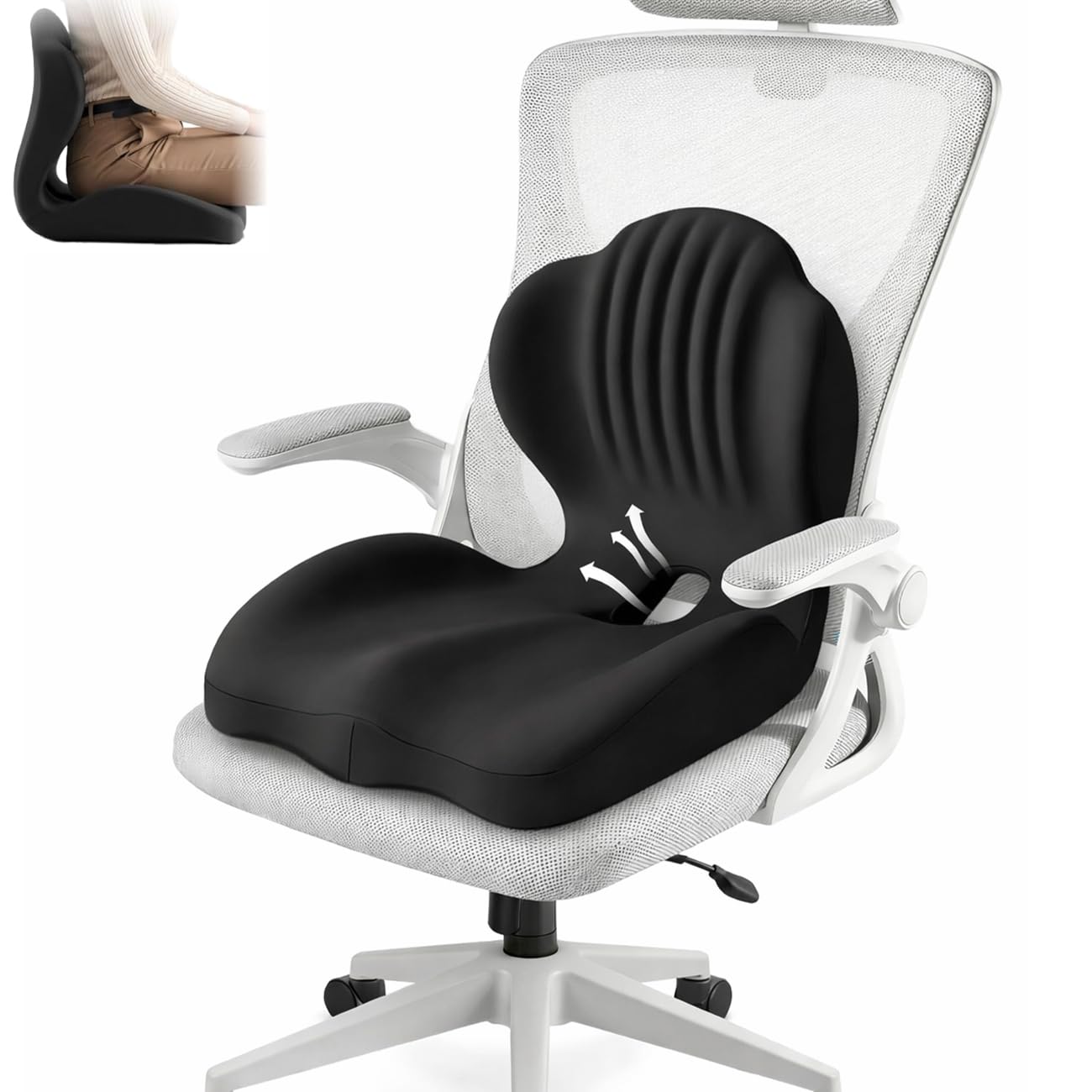 YUGEVRA 2-in-1 Ergonomic Seat Cushion with Lumbar Support, L-Shaped Memory Foam Office Chair Cushion with Coccyx Cut-Out