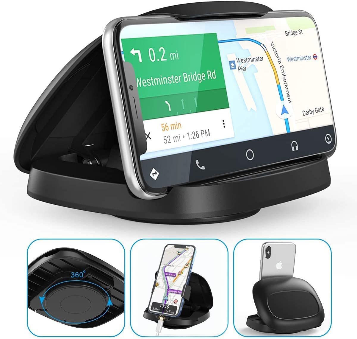 Tophot Car Phone Holder, Dashboard Mobile Phone Holder Mount for Cars with 360? Rotate Base, Horizontal & Vertical Viewing Car Phone Mount for iPhone