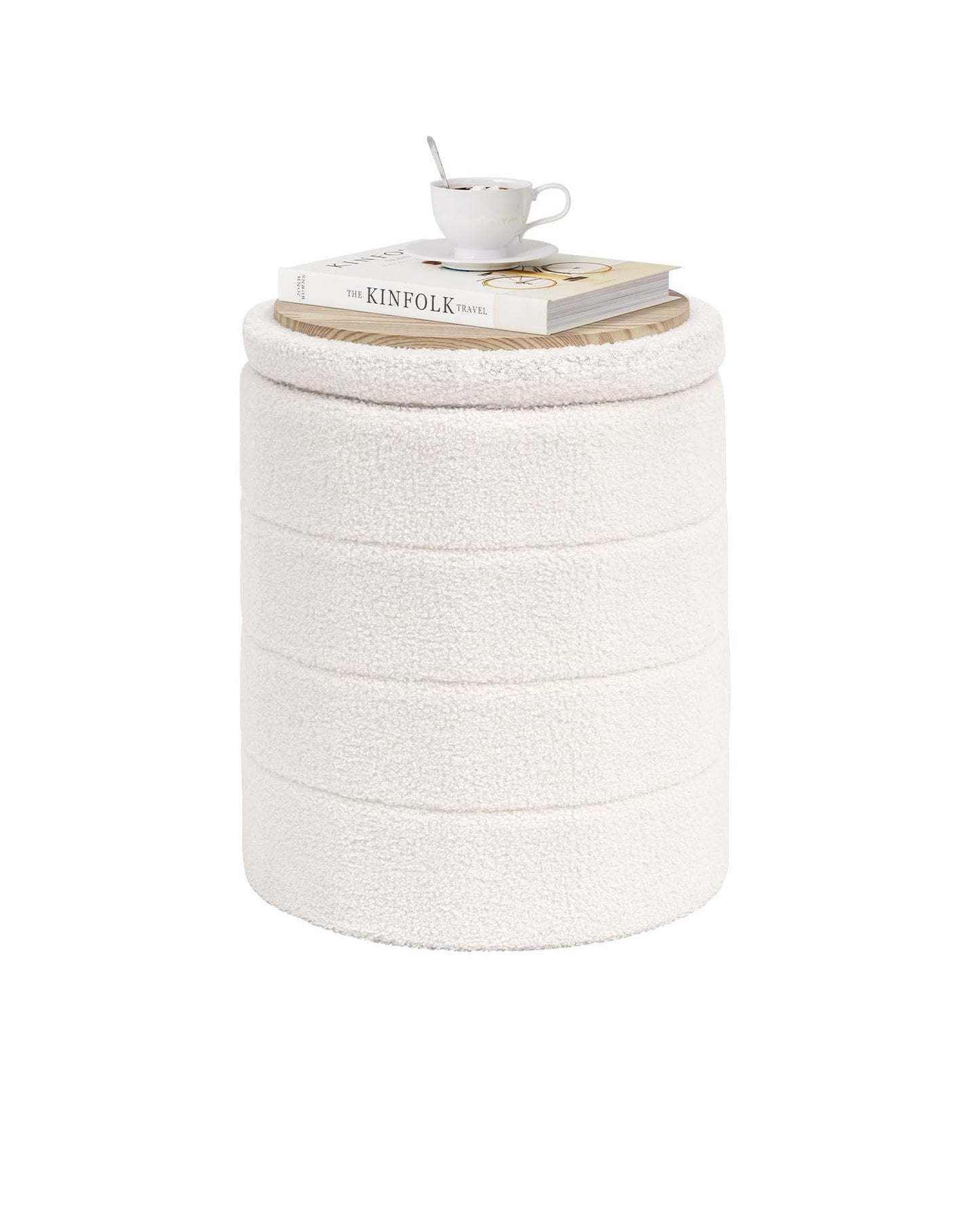 PINPLUS Round Ottoman Storage, Convertible Table, Cream White, 37x37x45 cm