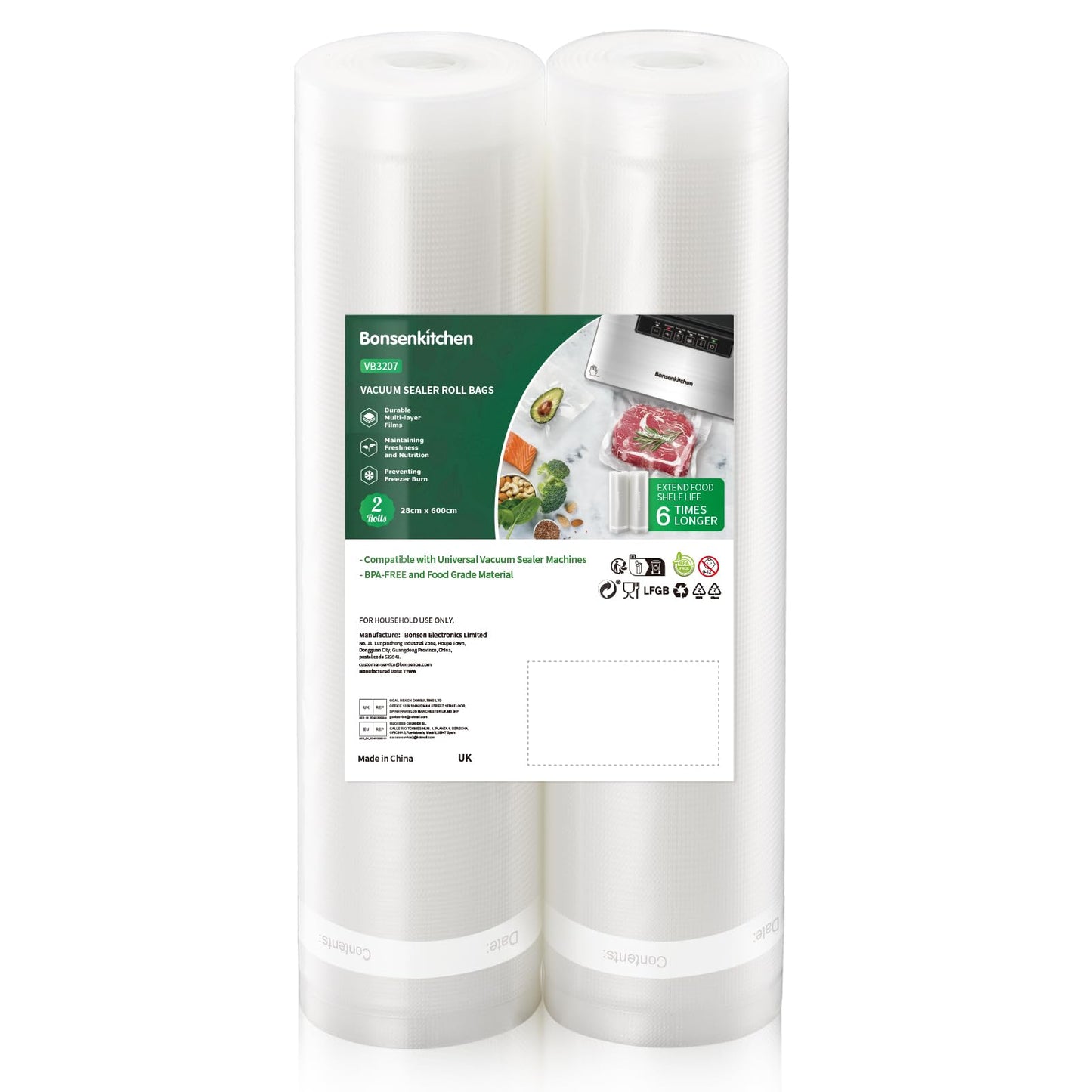 Bonsenkitchen Vacuum Sealer Rolls Bags, 2 Packs 28 cm x 600 cm Storage Bags (Total 12 m), BPA Free, Durable Commercial Customized Size for Food