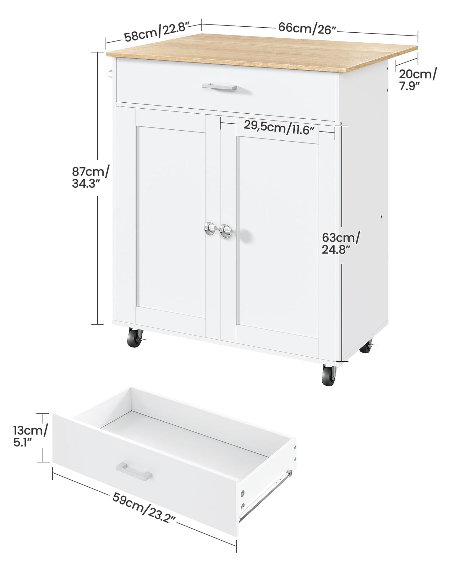 CHOEZON Kitchen Island, Farmhouse Kitchen Island Cart with One Double Cabinet and Drawer, Rolling Storage, with Drop Leaf ＆ industrial locking wheels