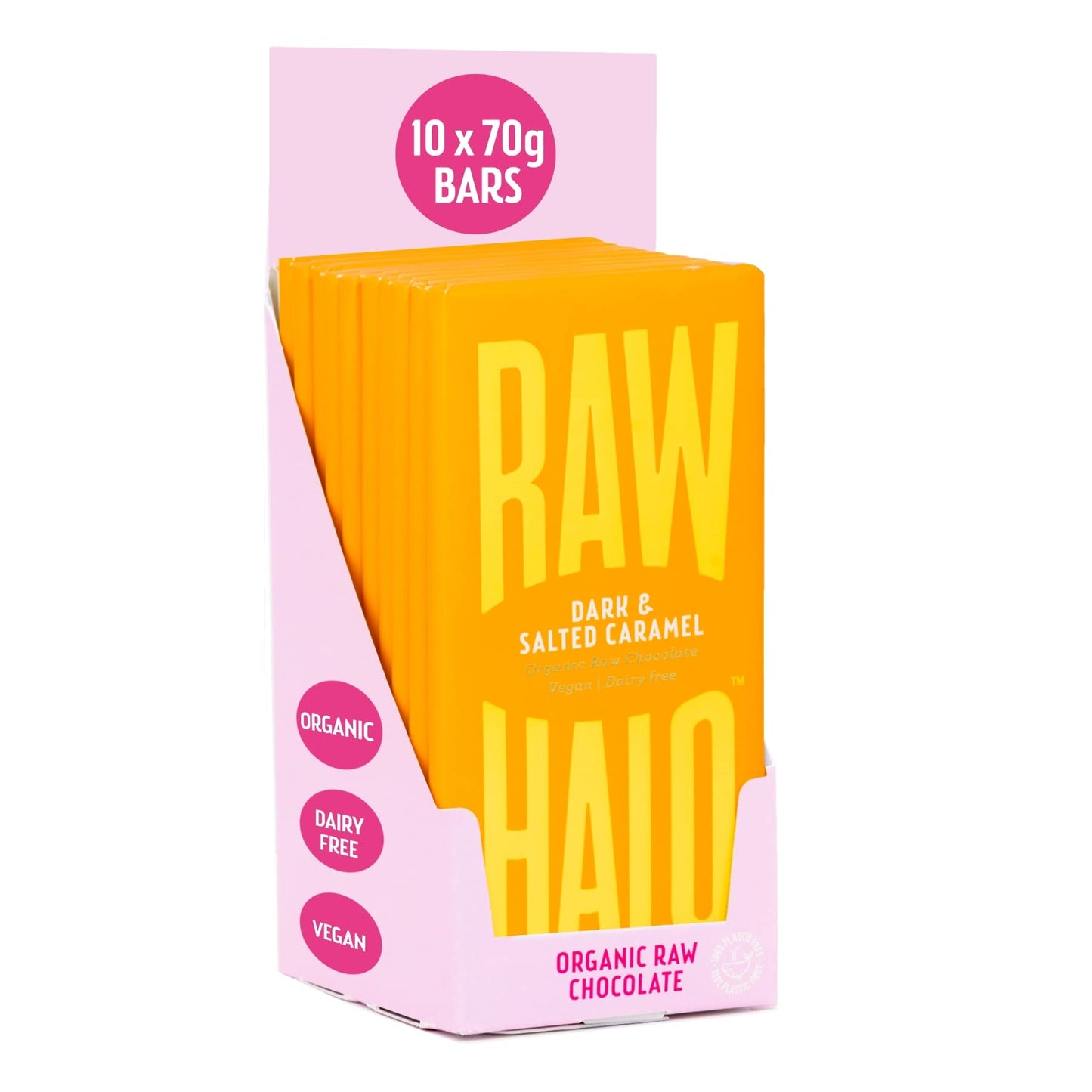 Vegan Chocolate Bar - Raw Halo - Dark Chocolate & Salted Caramel - 10 x 70g Bars - Organic, Dairy & Gluten Free