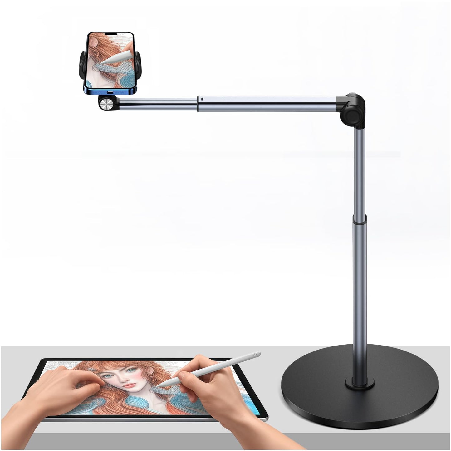yAyusi Heavy Duty Aluminum Overhead Phone Mount, 12 in Long Phone Mount for Desk, Flexible Articulating Arm Overhead Tripod for iPhone for Live