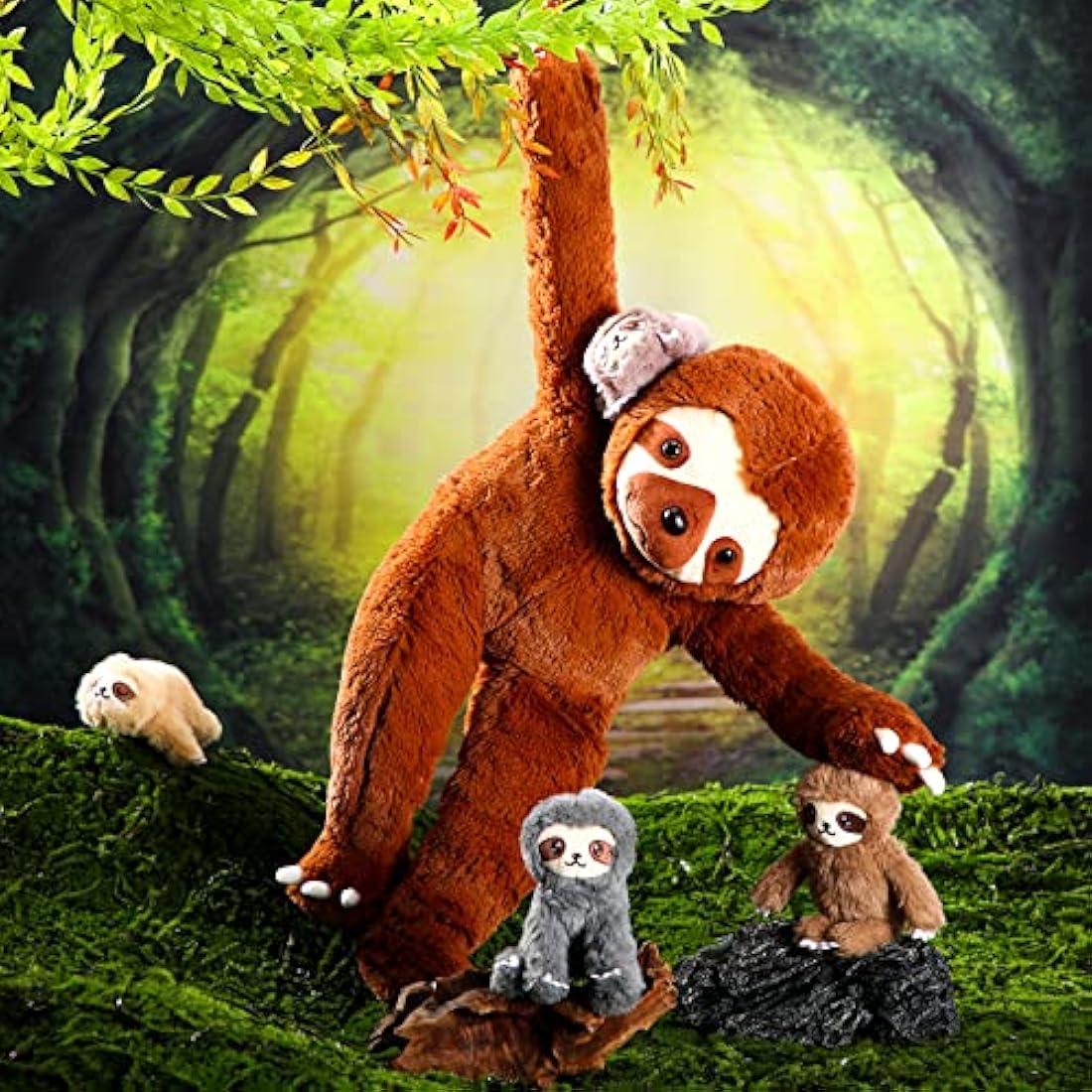 Kasyat 5 Pcs Sloth Plush Toy Set 13 Inch Mommy Sloth Stuffed Animal with 4 Cute Baby Plushies in Zippered Belly for Kids Birthday Gifts Home Decors Baby Shower Party Favors(Brown)