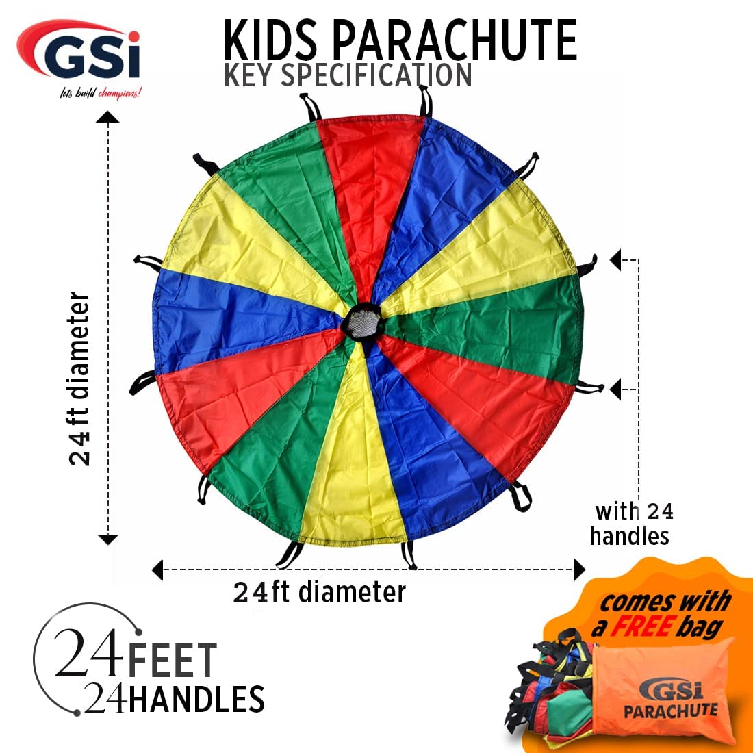 GSi Kids Play Parachute Rainbow Parachute Toy Tent Game for Children Gymnastic Cooperative Play and Outdoor Playground Activities (24 Feet)