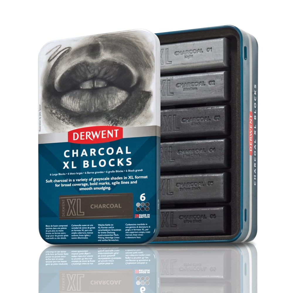 Derwent Charcoal XL Blocks 6 Tin, Set of 6, 60mm Extra-Large Block, Naturally Water-soluble, Ideal for Sketching, Drawing and Expressive Mark Making,