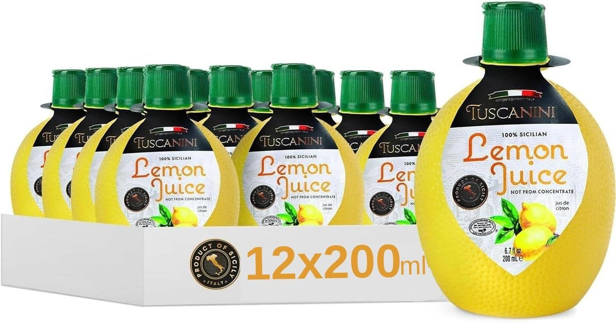 Tuscanini 100% Sicilian Lemon Juice, Not from Concentrate, 200ml Lemon Shaped Squeeze Bottle (12 Pack) No Water Added | Product of Italy | Certified