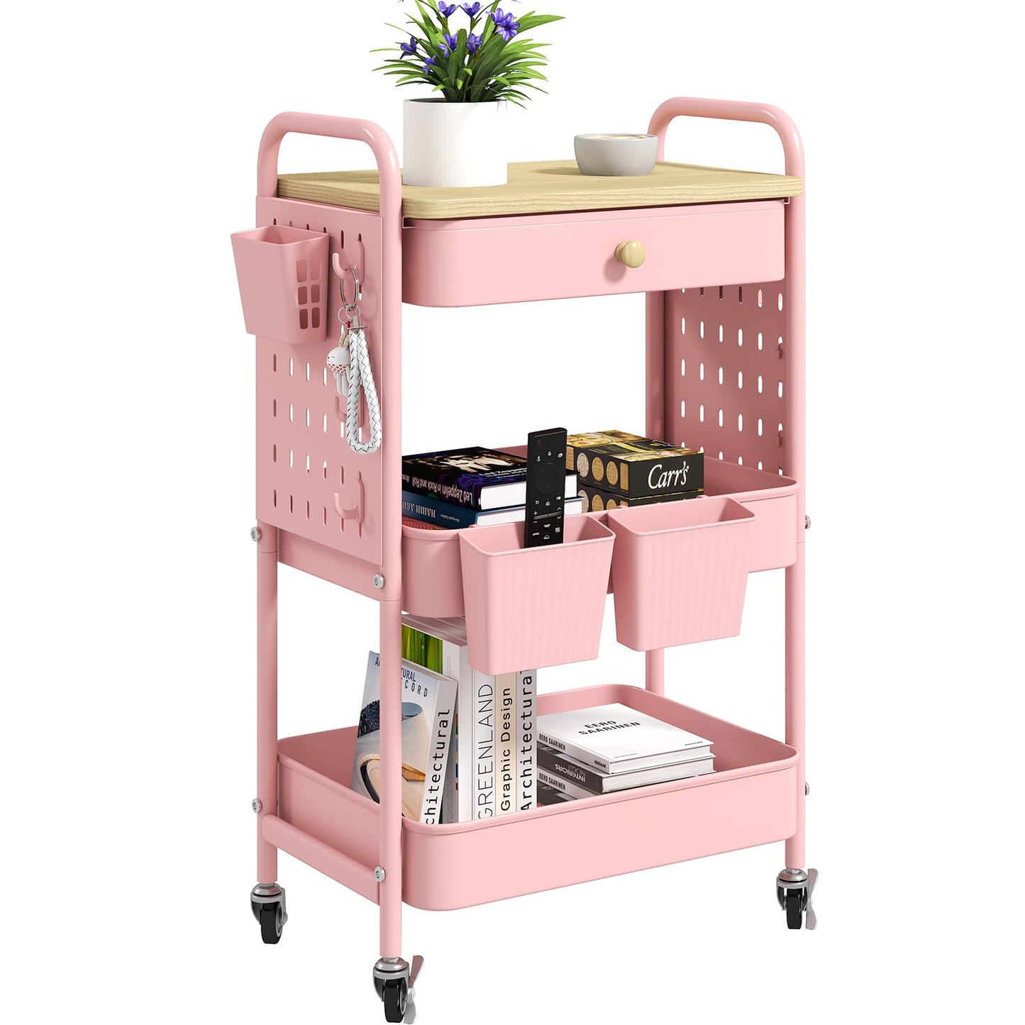danpinera 3 Tier storage trolley, Metal storage cart with DIY Pegboard & Drawer, storage trolley on wheels with Hooks & Hanging Cups for Living Room