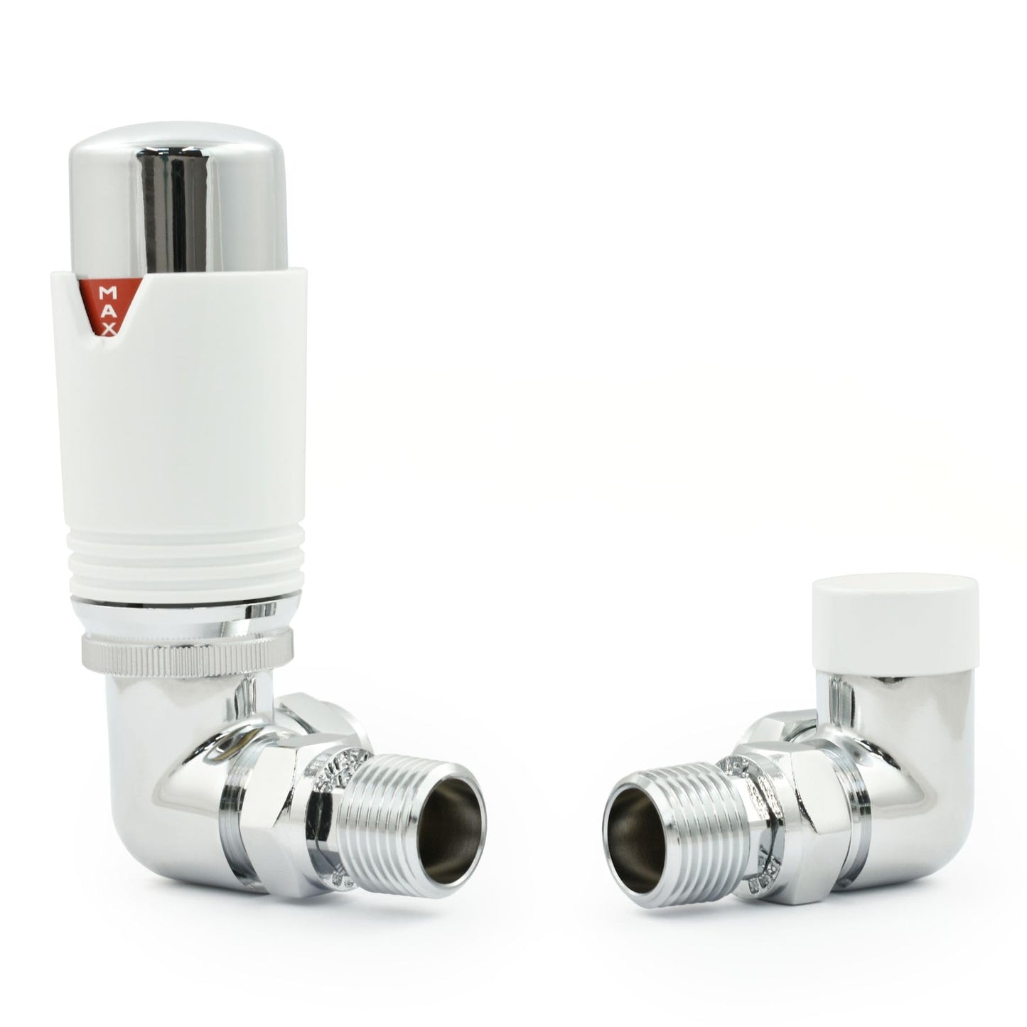 Hot Flow Chrome & White Estuary Corner TRV Thermostatic Radiator Valve (Pair) Includes Corner TRV Body, Wheel Head, Lock Shield. for Quick & Easy