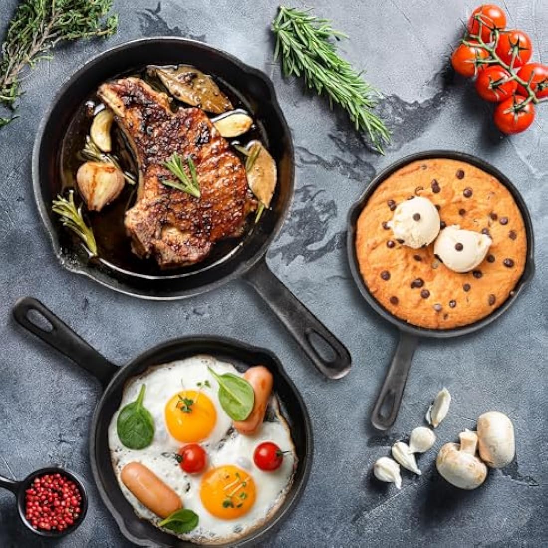 OVERMONT Pre-Seasoned Cast Iron Skillet Set–(9.6Inch-24.5cm) (7.7Inch-19.5cm) (6Inch-15.24cm) Frying Pans Oven Pot Safe Cookware for Indoor, Barbecue, Campfire Cooking Outdoor Use