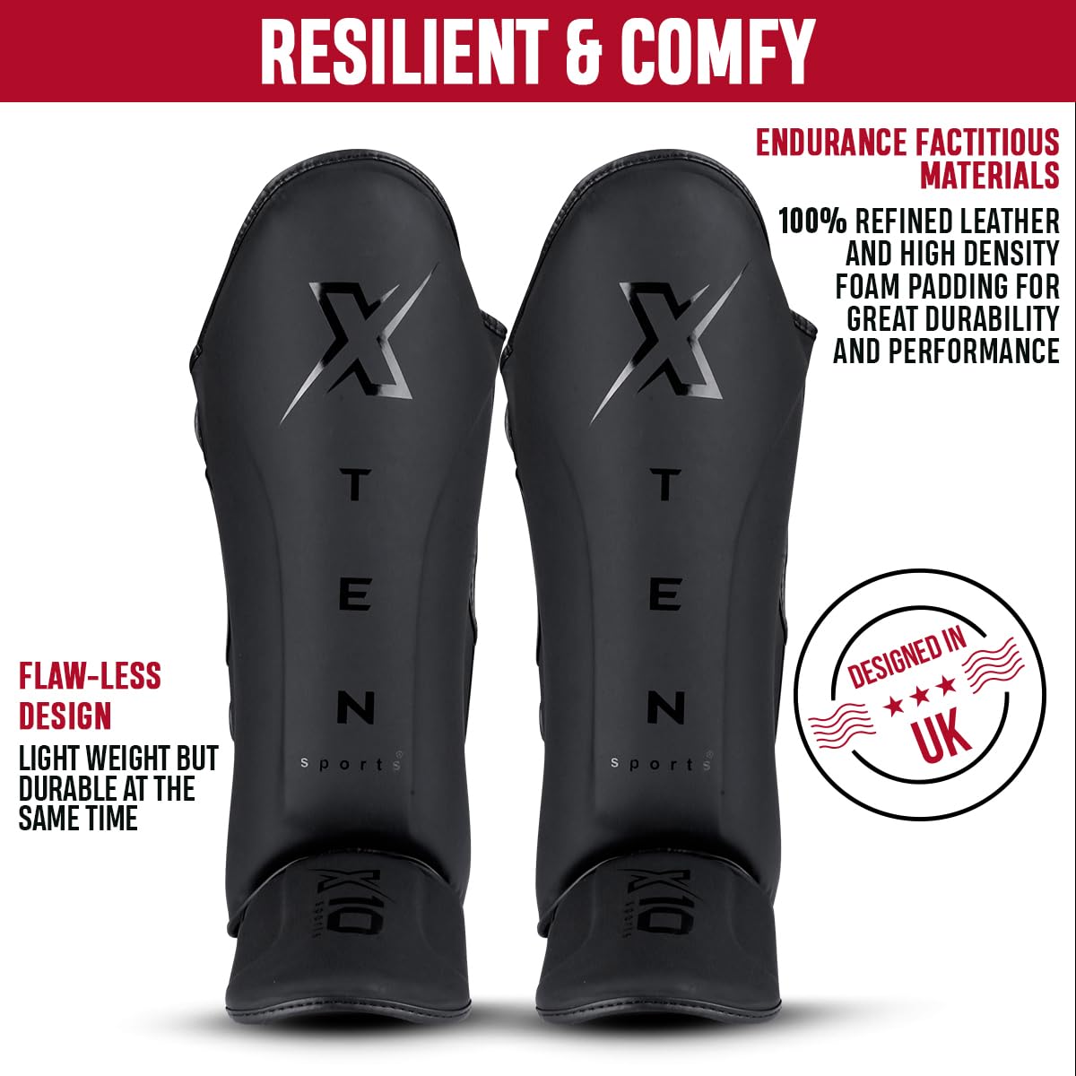 XTEN SPORTS Shin Guards Muay Thai, MMA, Gel Integrated Padding, Training Sparring, Boxing, Kickboxing, BJJ, Taekwondo Protective Gear, Matte Black, M