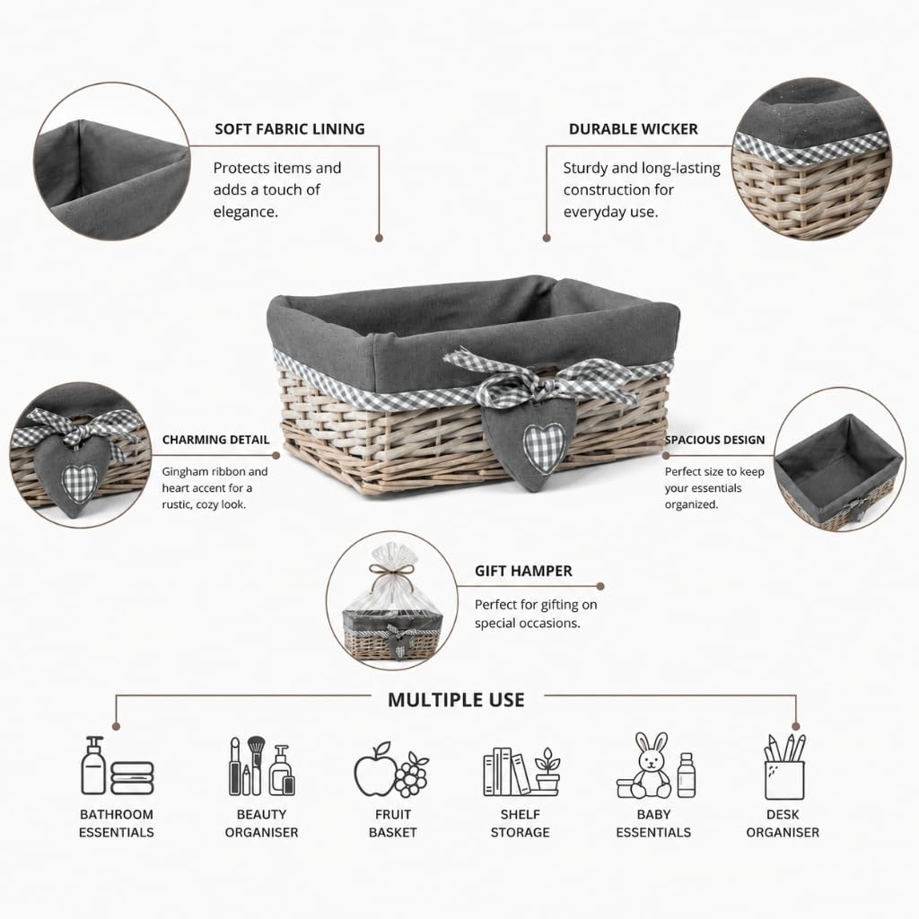Woodluv Grey Wicker Rectangular Storage Gift Hamper Basket With Removable Lining - Small