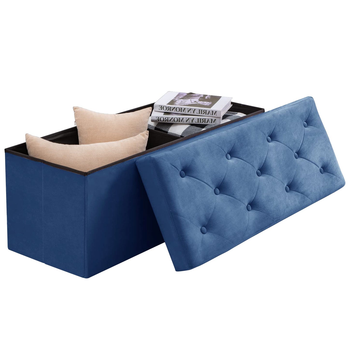 BRIAN & DANY Folding Storage Ottoman Bench, Velvet Large Ottoman Storage Box for Living Room and Bedroom 110 x 40 x 40 cm - Navy Blue
