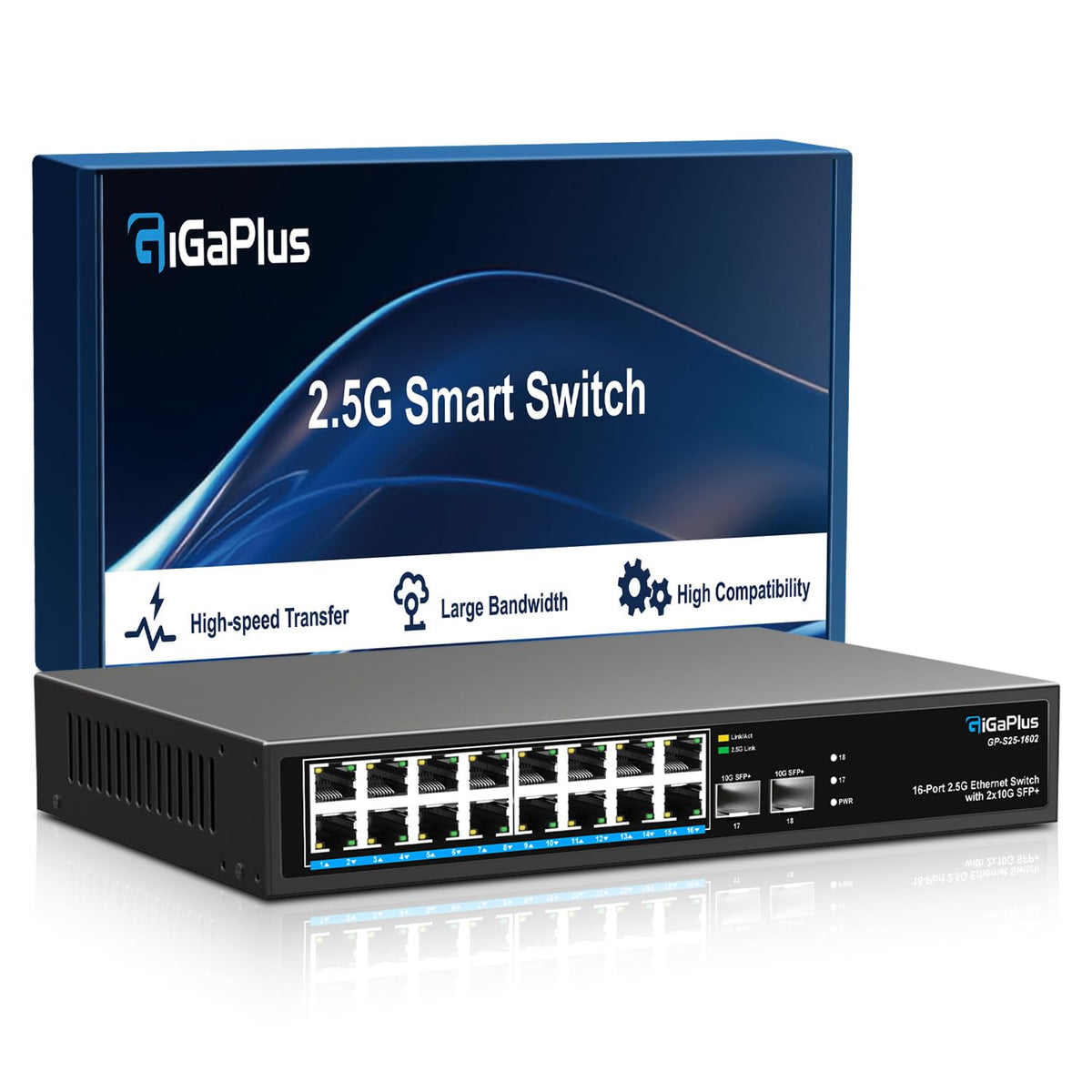 18 Port 2.5Gb Unmanaged Ethernet Switch with 16*2.5G Base-T Ports, 2*10G SFP+ Ports. GiGaPlus 2.5Gbps Network Switch for 2.5Gbps NAS/PC, Wireless AP,