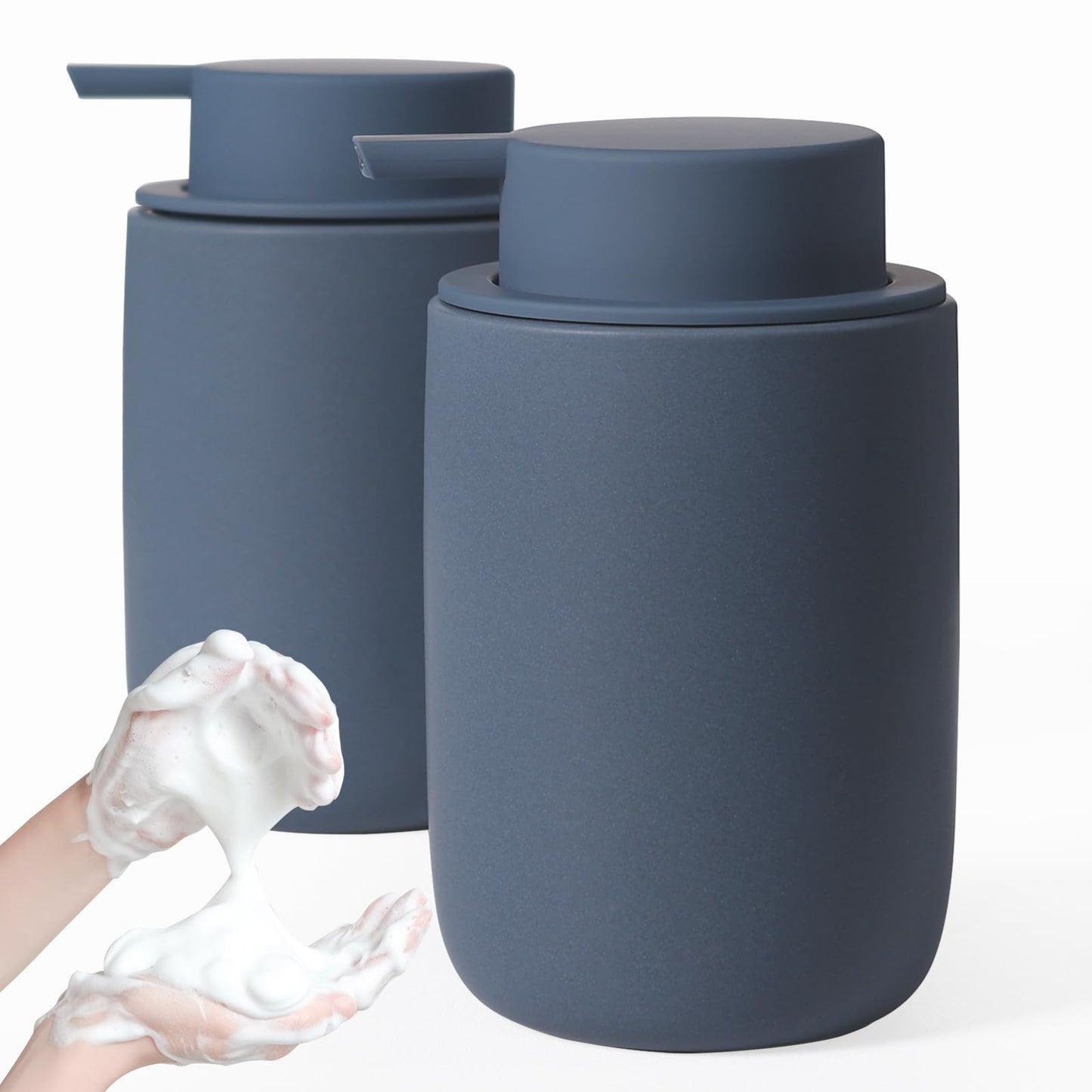 Autumnlife Soap Dispenser Set Foam, 2 Pieces Foam Soap Dispenser, Ceramic Soap Dispenser with Large Pump and Label, Matt Blue Dish Soap Dispenser for