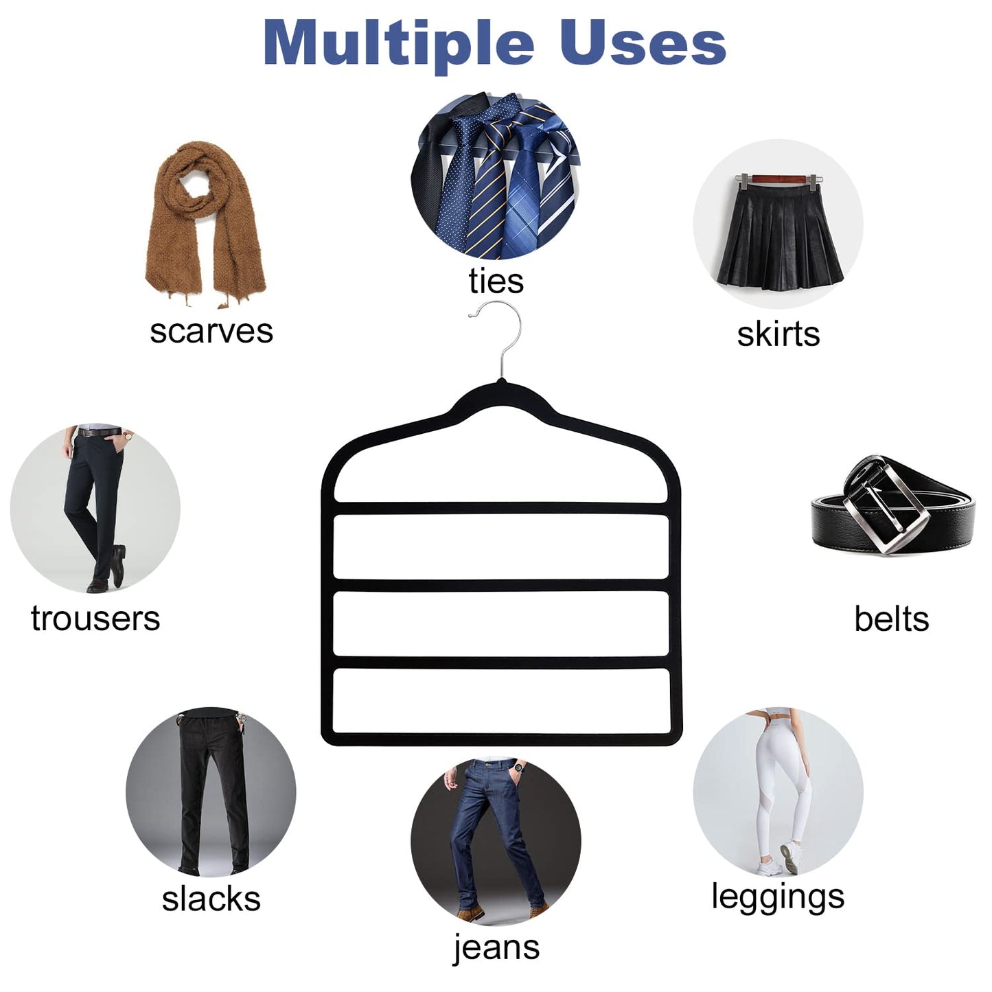 Sightday Trouser Hangers, Space Saving Non-Slip Pants Hanger, 3 Pack Multi Bar Velvet Clothes Hanger for Jeans, Scarf, Towel, Ties, Black