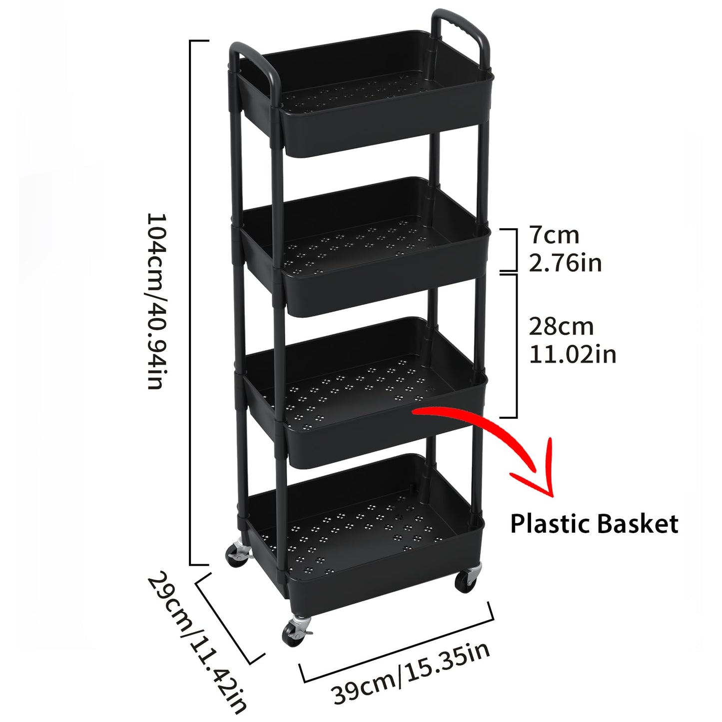 Sywhitta 4-Tier Plastic Rolling Utility Cart with Handle, Multi-Functional Storage Trolley for Office, Living Room, Kitchen