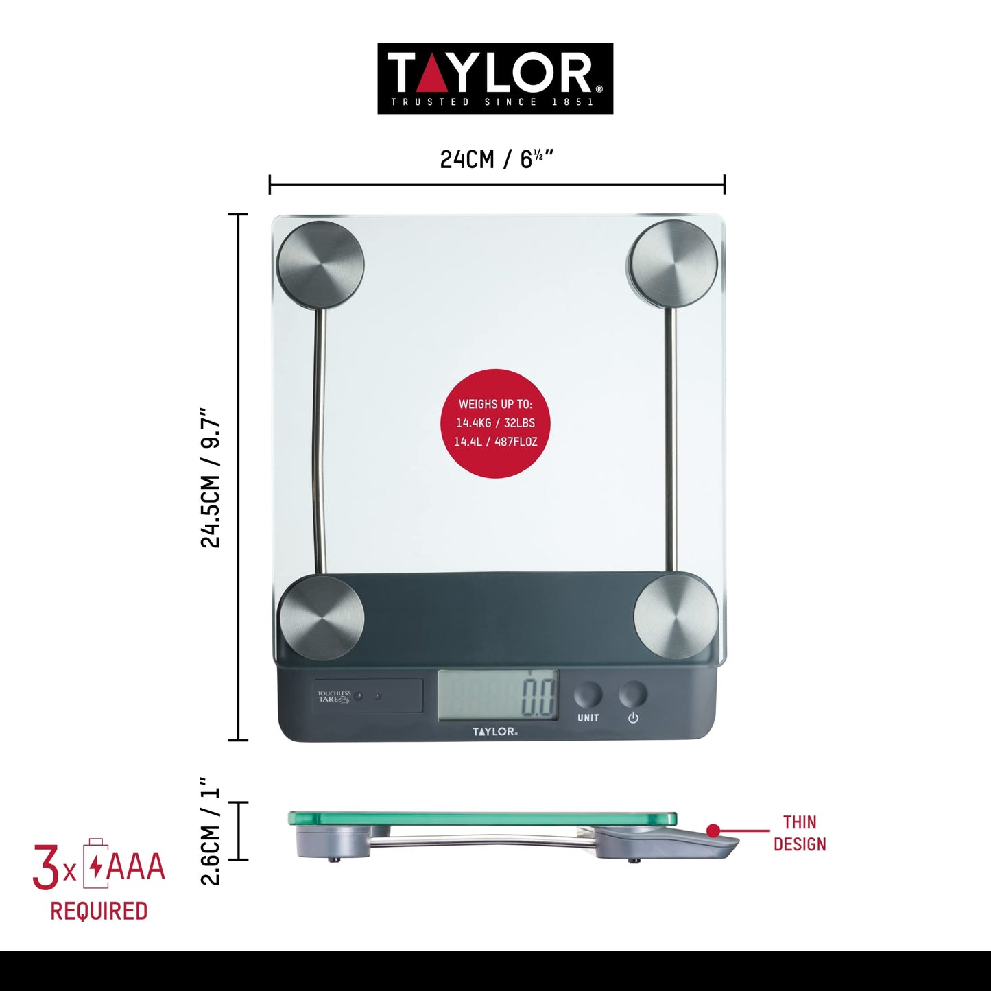 Taylor Pro Touchless Tare Digital Dual Kitchen Scale, Food Scale with 14.4kg capacity, Gift Boxed