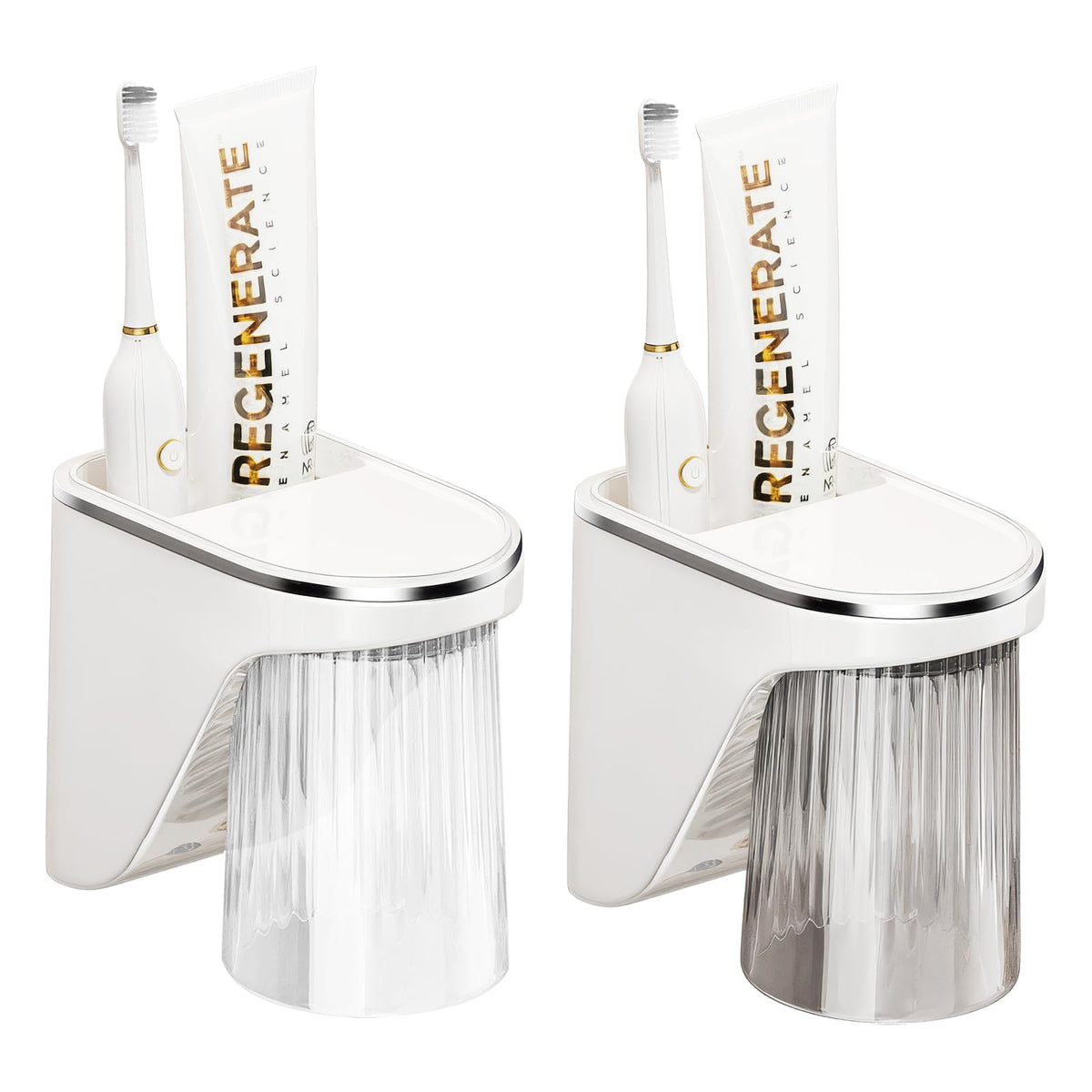 OUZHOU Pack of 2 Toothbrush Holders, Toothbrush Cup Holder No Drilling with Magnetic Cups and Storage Box, Toothbrush Holder Wall Toothbrush Holder