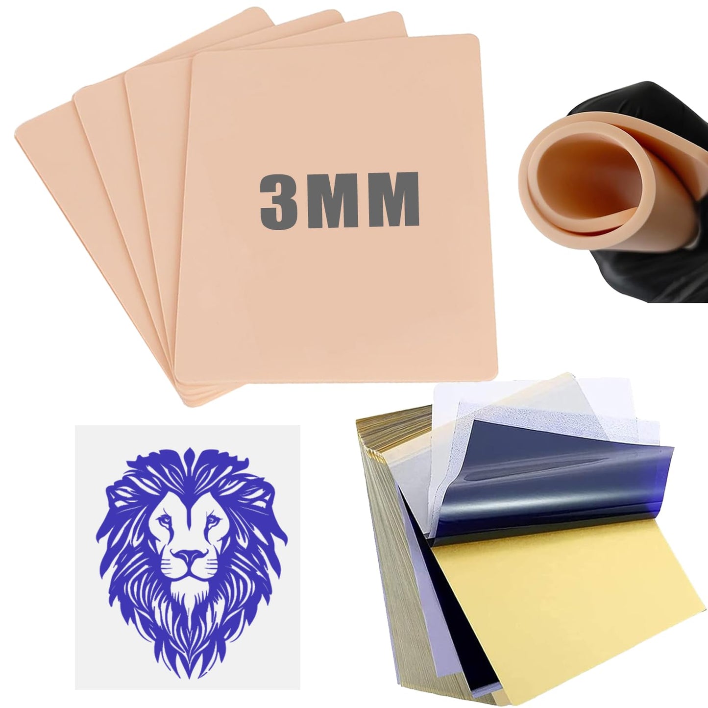 LEAYOKA 24Pcs 3MM Fake Skin Tattoo Practice Kit - 4pcs Thickened Silicone Tattoo Skins & 20pcs Transfer Paper - Multicolor, Not Water Resistant - For