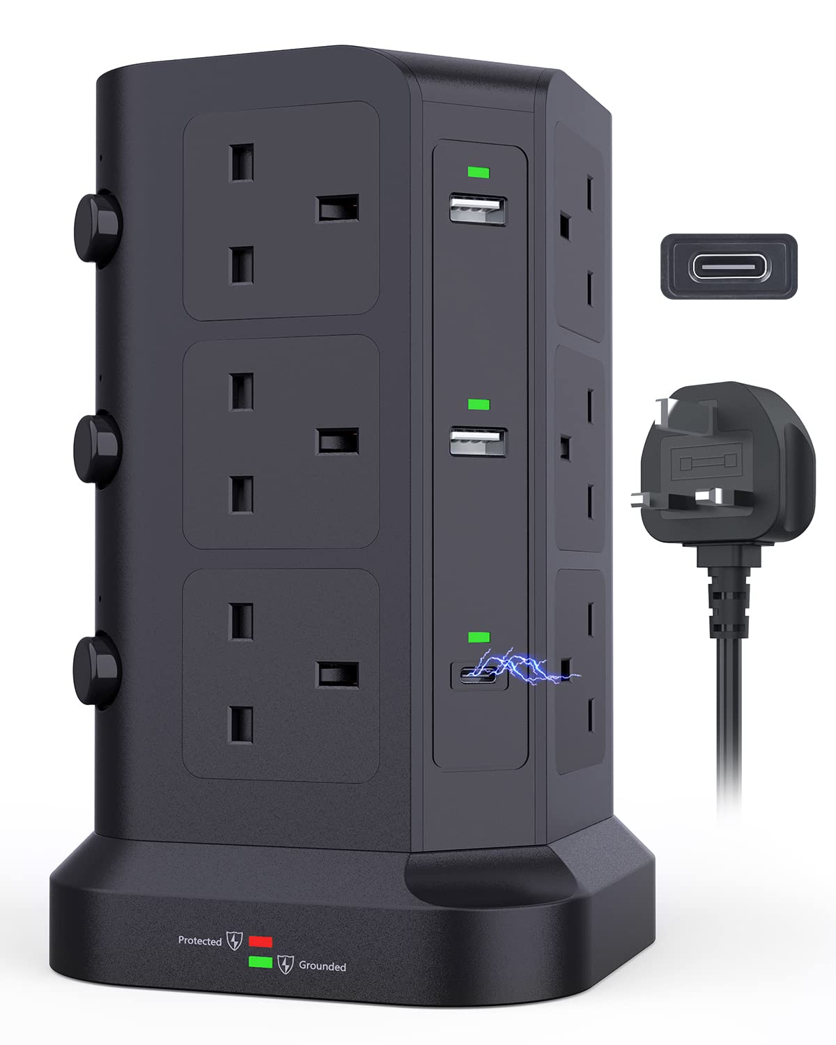 KOOSLA Dual 20W USB C Tower Extension Lead [PD 3.0/QC 3.0], 12 Way Extension Tower with 4 USB A Output [13A 3250W] Surge Protected Plug Extension for