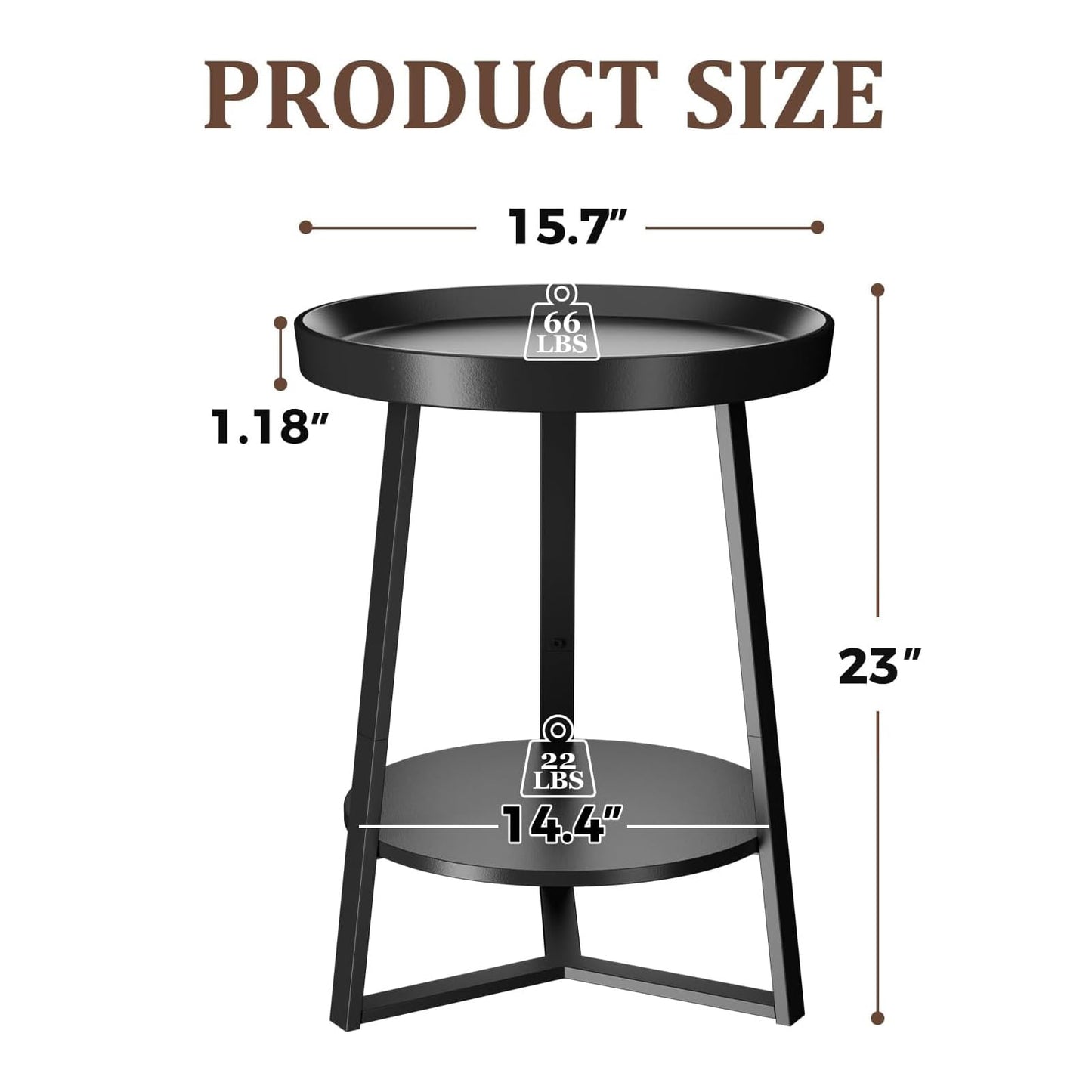 HOME BI Round End Table with Storage Shelf, 2 Tier Farmhouse Circle Side Table Nightstand for Living Room, Bedroom,Black Wood Grain