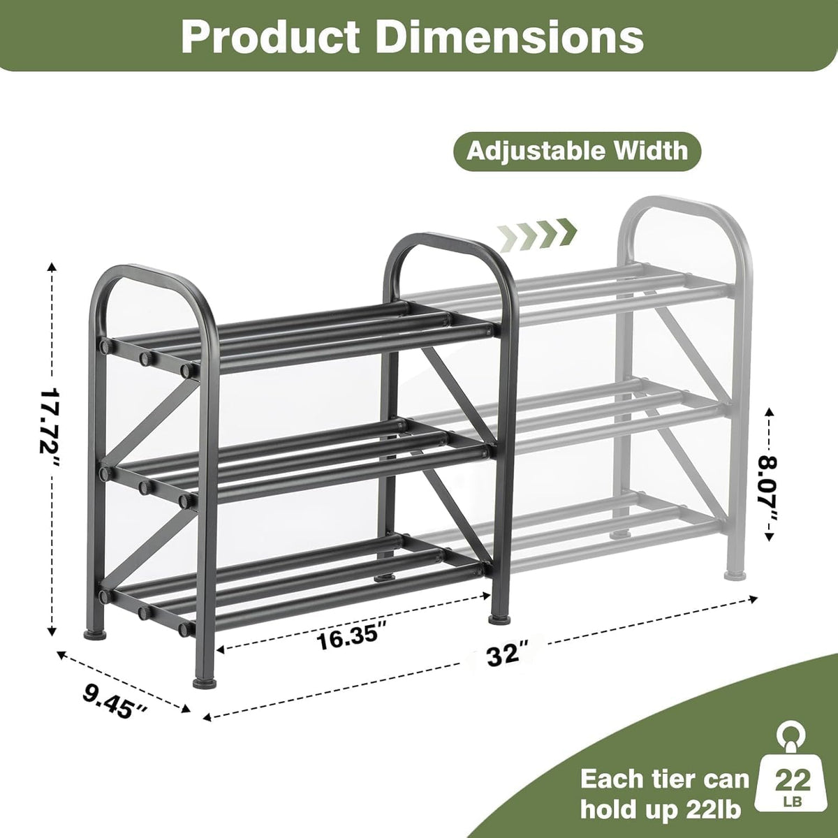 Ngduihoo Expandable Shoe Rack for Closet, 3 Tier Adjustable Shoe Storage Organizer, Metal Shoe Shelf Holds up to 12 Pairs
