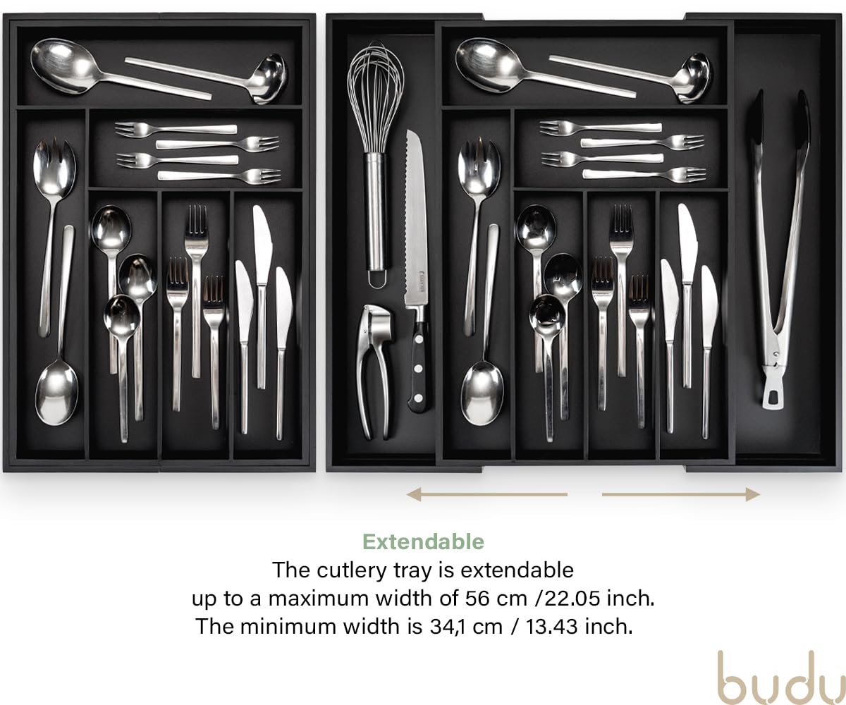 budu Cutlery Tray #50 (Depth 50 cm) Made of Bamboo - Black - Drawer Organiser System for the Kitchen - Cutlery Tray for Bamboo Drawers - Extendable -