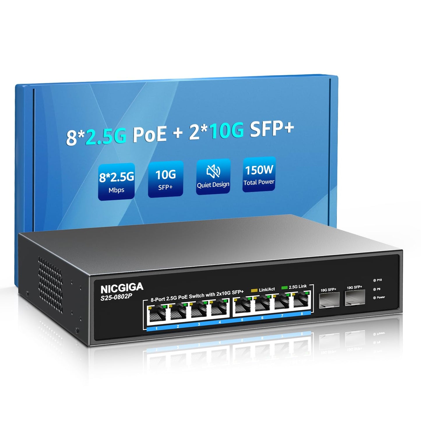 8 Port 2.5G PoE Switch Unmanaged with 8 Port 2.5Gb Base-T PoE+@130W + 2 x 10G SFP+ Uplink, NICGIGA 10 Port 2.5Gbe IEEE802.3af/at Power Over Ethernet