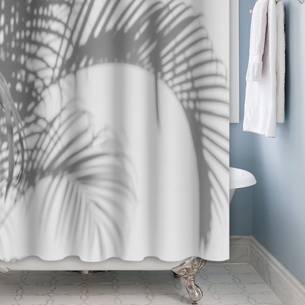 Bovlleetd 71x79in Grey Shower Curtain - Palm Leaf Tree Shadow Bathroom Art Deco Curtain with Hooks