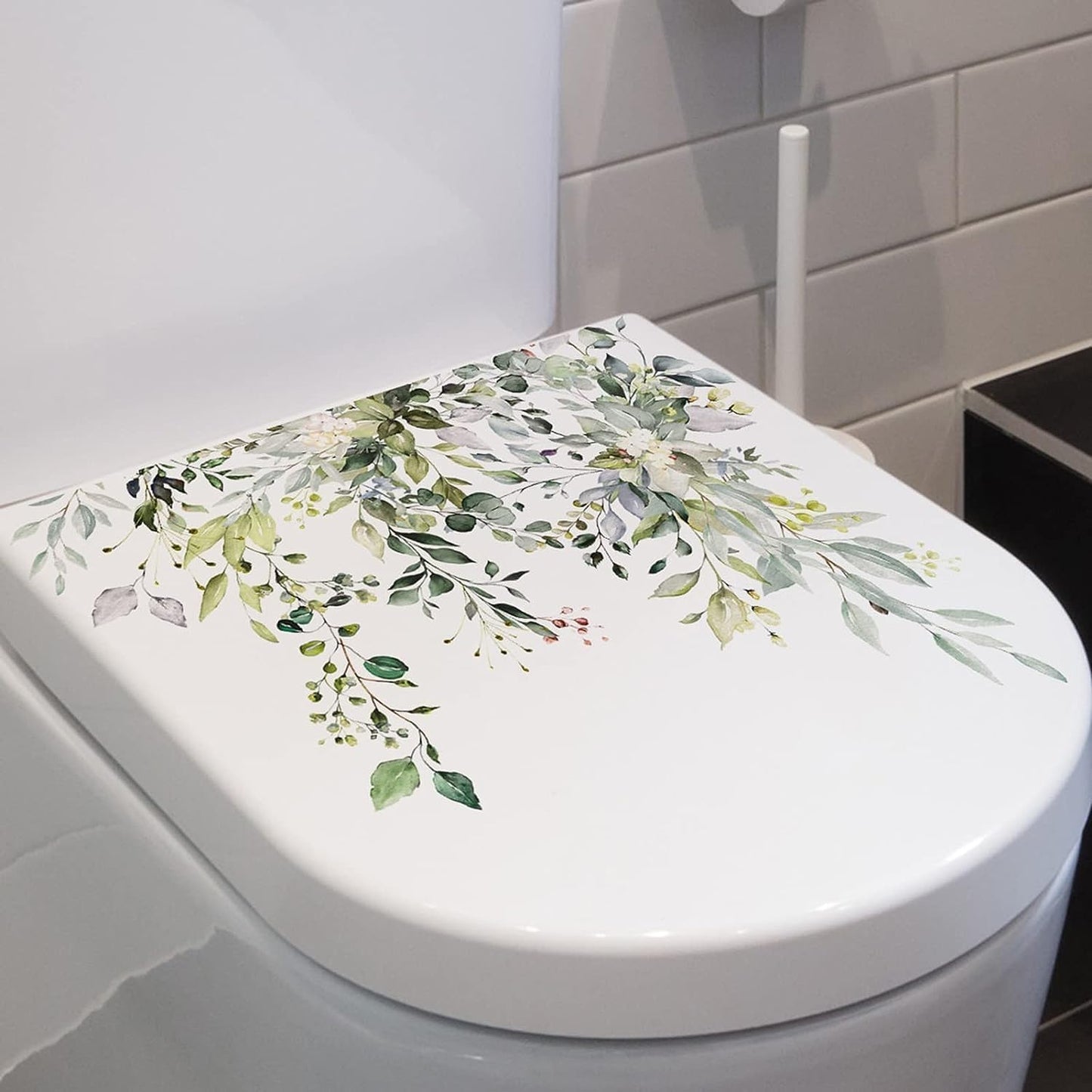 Green Plant Leaves Flowers Toilet Seat Lid Stickers Self-Adhesive Bathroom Wall Stickers Green Leaf Floral DIY Removable Waterproof Sticker for